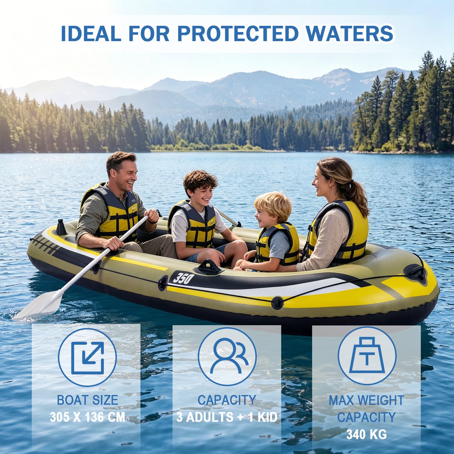 Costway PVC-opblaasboot voor 4 Personen Opblaasbaar Vissersboot met 3 Luchtkamers 2 Peddels & Luchtpomp 305 x 136 x 42 cm