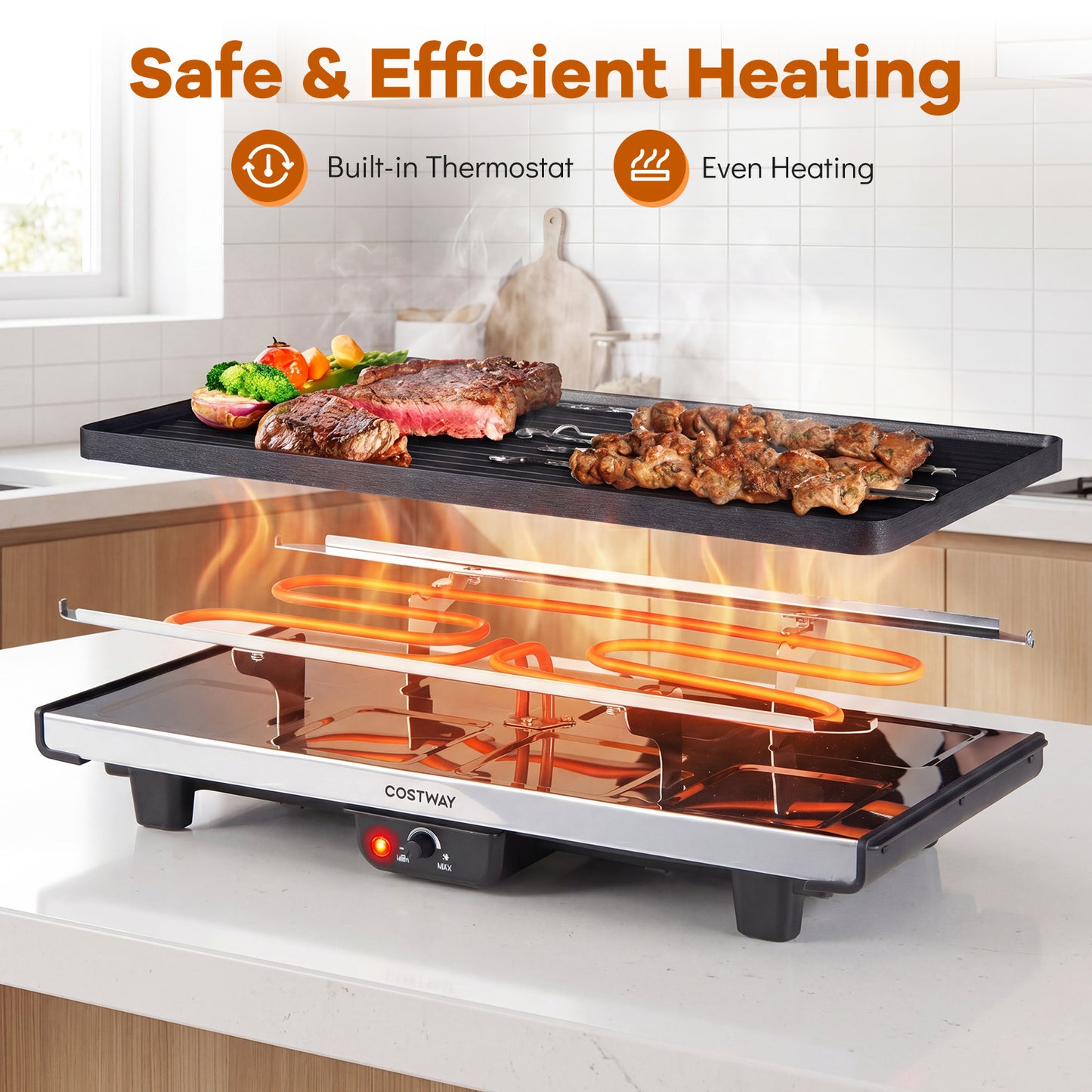 Costway Raclette voor 8 Personen Elektrische Grill met 2-in-1 Omkeerbare Antiaanbakplaat & Instelbare