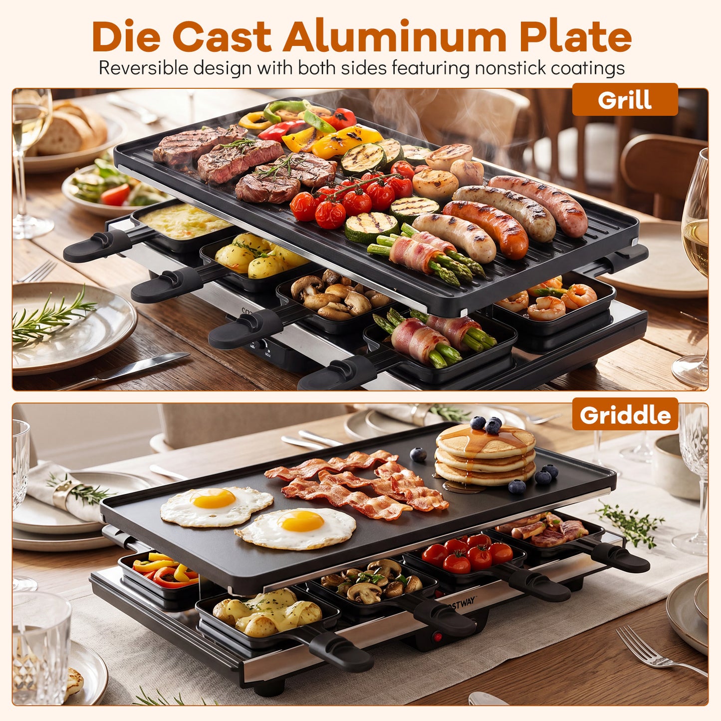 Costway Raclette voor 8 Personen Elektrische Grill met 2-in-1 Omkeerbare Antiaanbakplaat & Instelbare