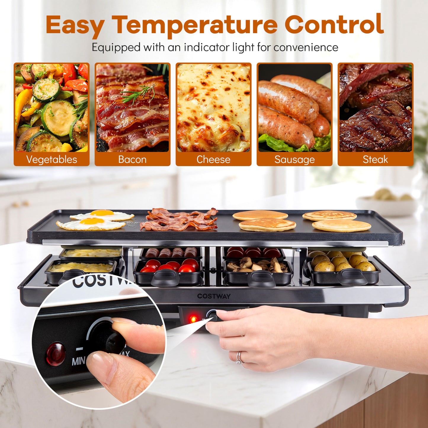 Costway Raclette voor 8 Personen Elektrische Grill met 2-in-1 Omkeerbare Antiaanbakplaat & Instelbare