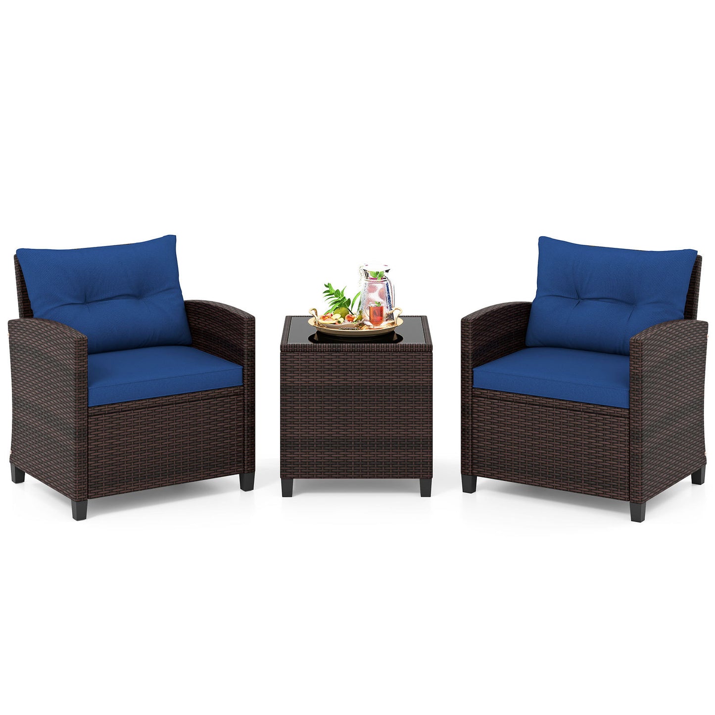 Costway Rattan Tuinmeubelset 3-delig Balkonmeubel met 2 Stoelen en Tafel met Veiligheidsglas Tafelblad Blauw