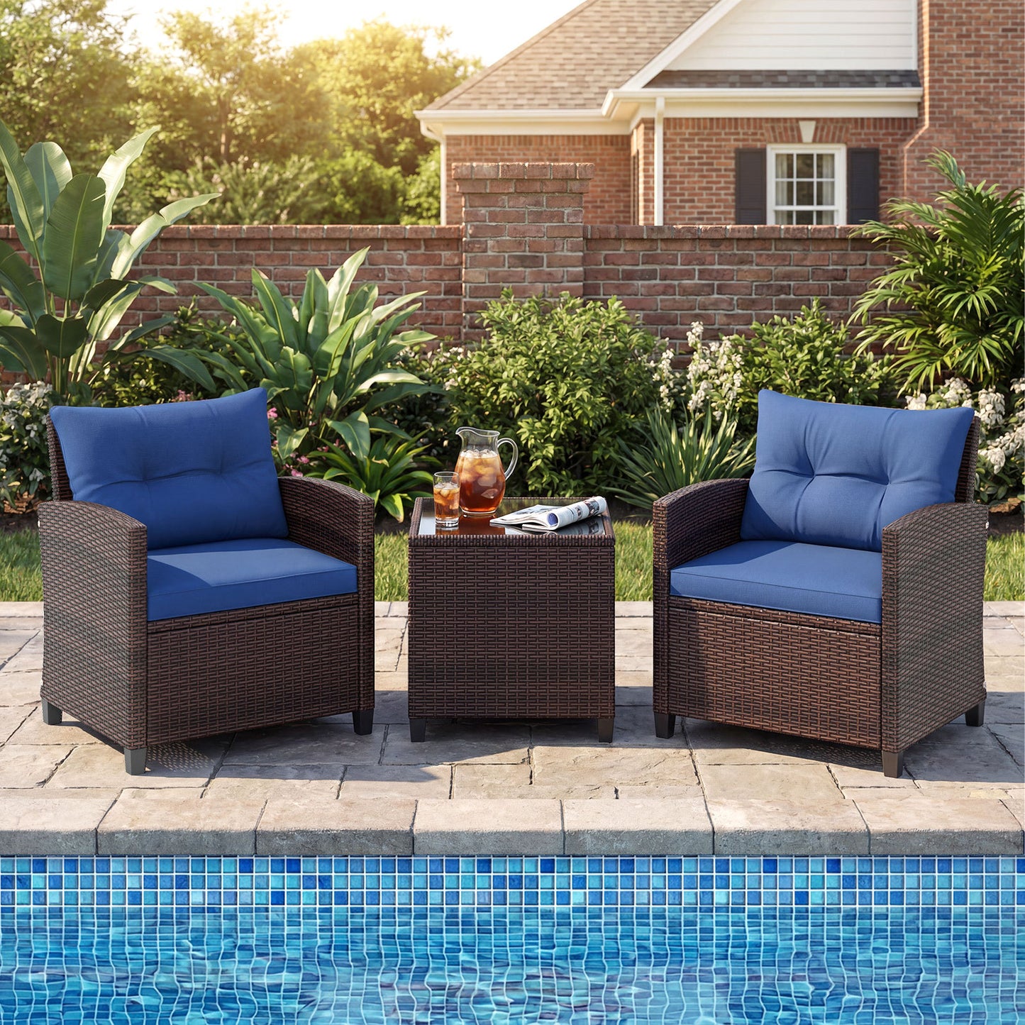 Costway Rattan Tuinmeubelset 3-delig Balkonmeubel met 2 Stoelen en Tafel met Veiligheidsglas Tafelblad Blauw