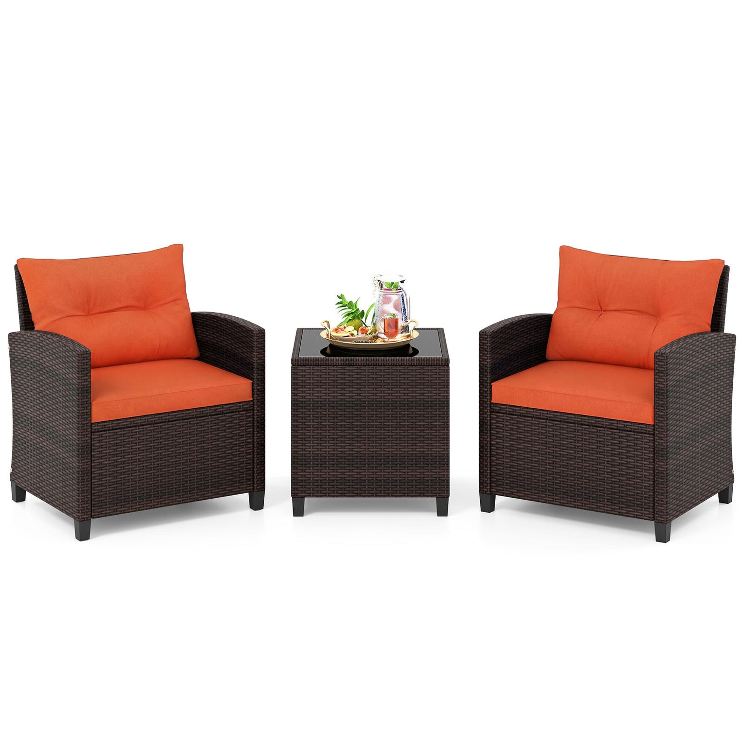 Costway Rattan Tuinmeubelset 3-Delig Balkonmeubel met 2 Stoelen en Tafel met Veiligheidsglas Tafelblad Oranje