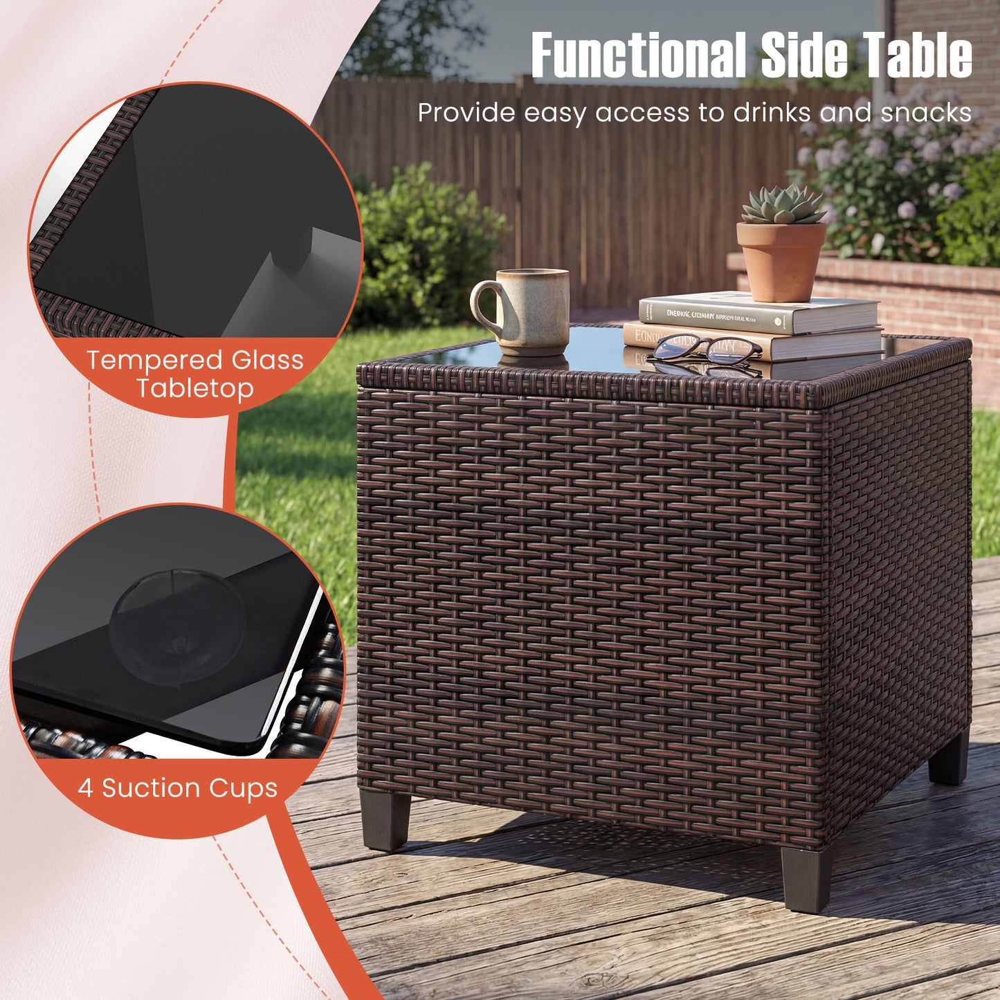 Costway Rattan Tuinmeubelset 3-Delig Balkonmeubel met 2 Stoelen en Tafel met Veiligheidsglas Tafelblad Oranje