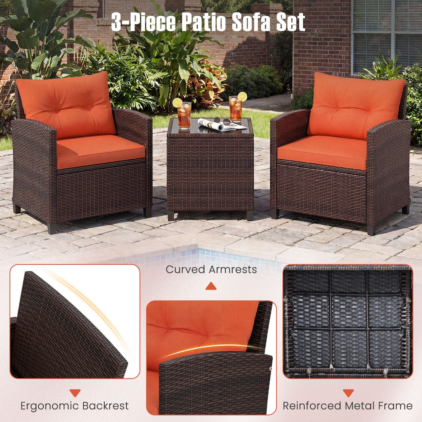 Costway Rattan Tuinmeubelset 3-Delig Balkonmeubel met 2 Stoelen en Tafel met Veiligheidsglas Tafelblad Oranje