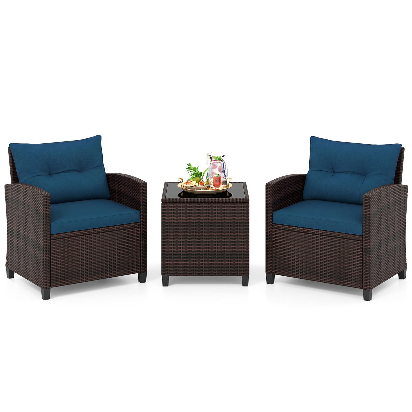 Costway Rattan Tuinmeubelset 3-delig Balkonmeubel met 2 Stoelen en Tafel met Veiligheidsglas Tafelblad Pauwblauw