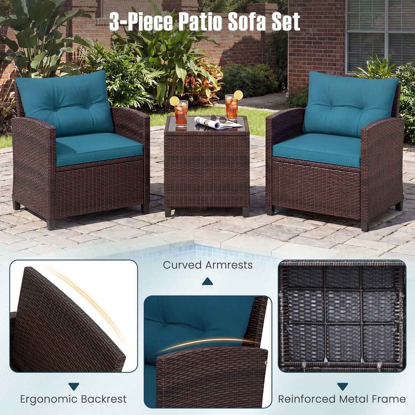 Costway Rattan Tuinmeubelset 3-delig Balkonmeubel met 2 Stoelen en Tafel met Veiligheidsglas Tafelblad Pauwblauw