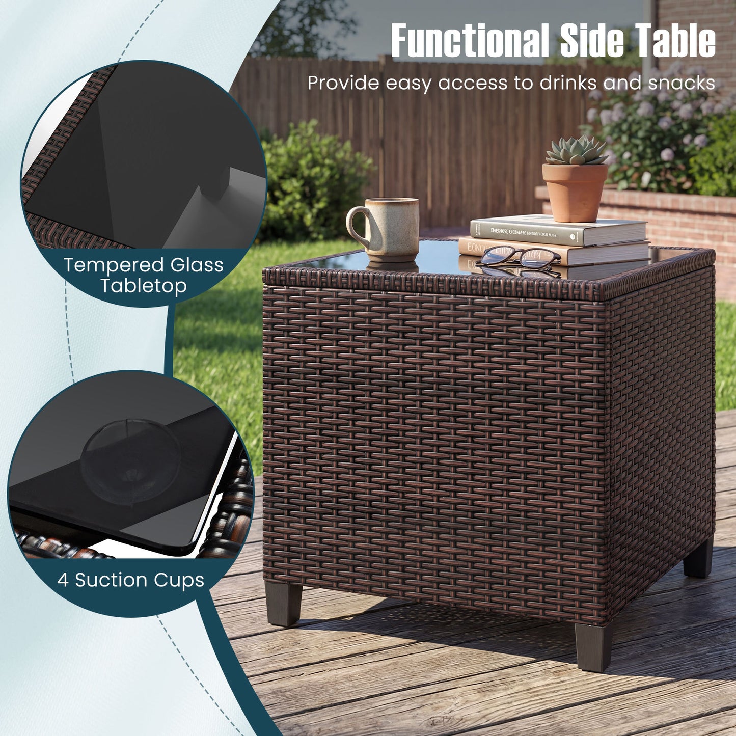 Costway Rattan Tuinmeubelset 3-delig Balkonmeubel met 2 Stoelen en Tafel met Veiligheidsglas Tafelblad Pauwblauw
