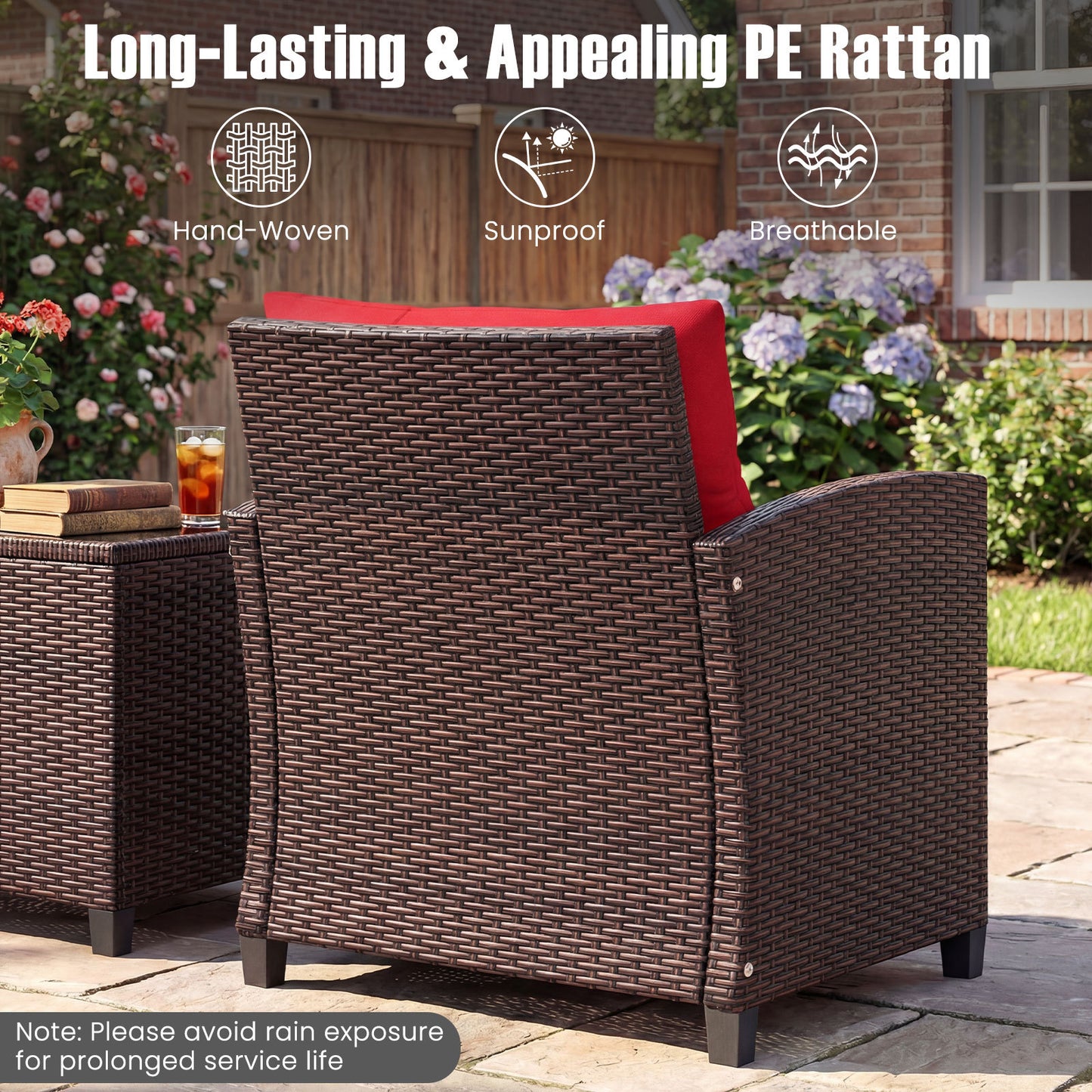 Costway Rattan Tuinmeubelset 3-delig Balkonmeubel met 2 Stoelen en Tafel met Veiligheidsglas Tafelblad Rood