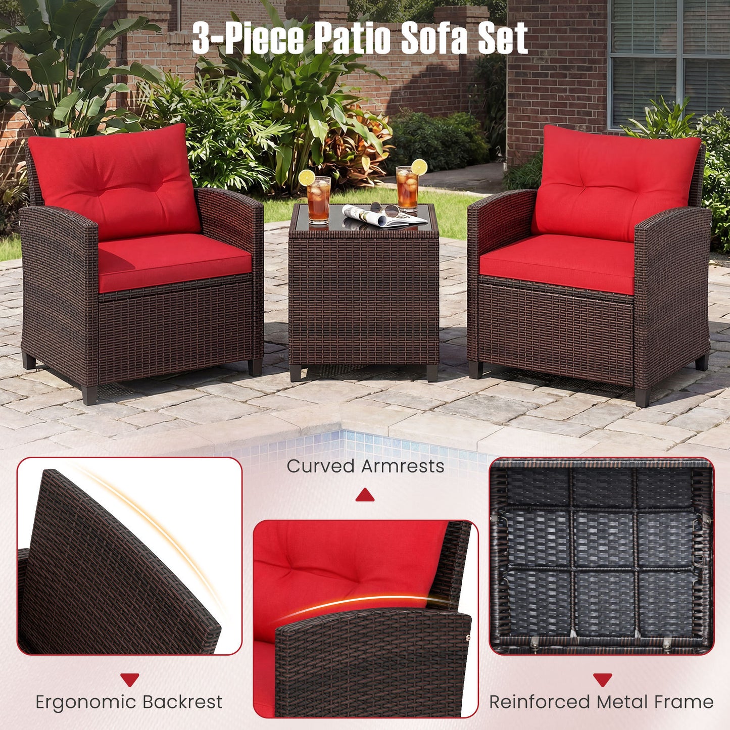 Costway Rattan Tuinmeubelset 3-delig Balkonmeubel met 2 Stoelen en Tafel met Veiligheidsglas Tafelblad Rood
