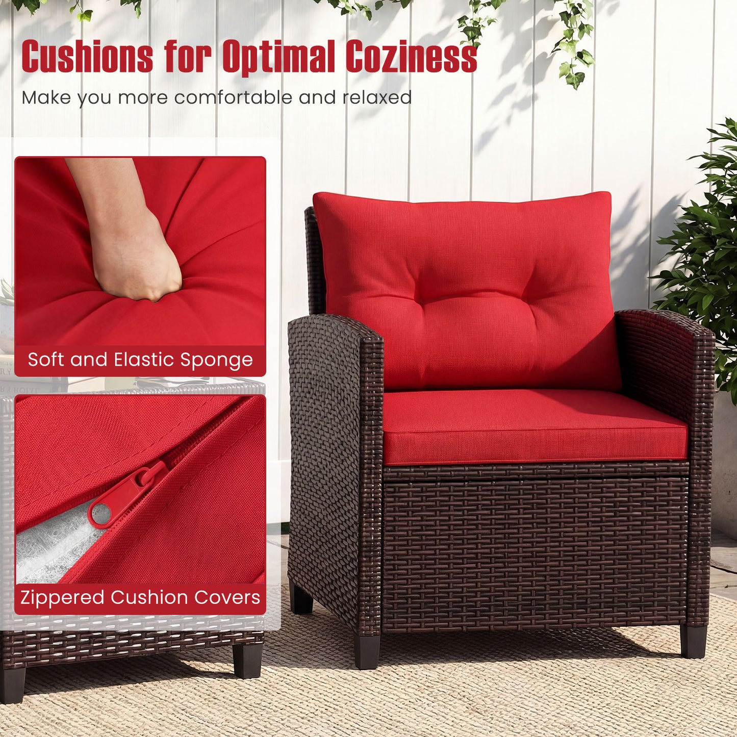 Costway Rattan Tuinmeubelset 3-delig Balkonmeubel met 2 Stoelen en Tafel met Veiligheidsglas Tafelblad Rood
