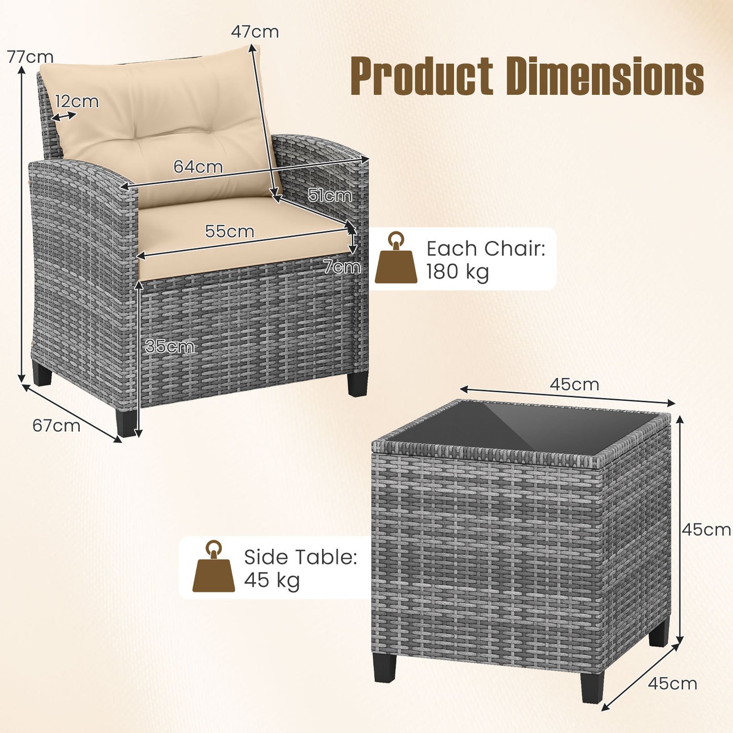 Costway Rattan Tuinmeubelset 3-delig Balkonmeubilair met 2 Stoelen en Tafel met Veiligheidsglas Tafelblad Beige