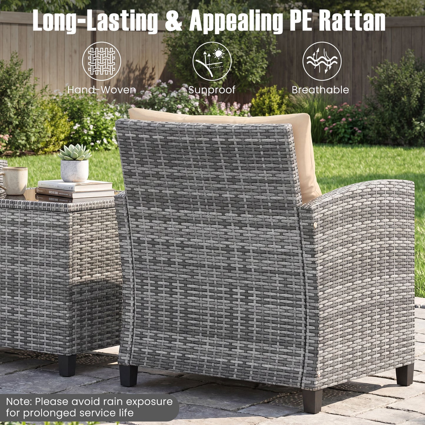 Costway Rattan Tuinmeubelset 3-delig Balkonmeubilair met 2 Stoelen en Tafel met Veiligheidsglas Tafelblad Beige