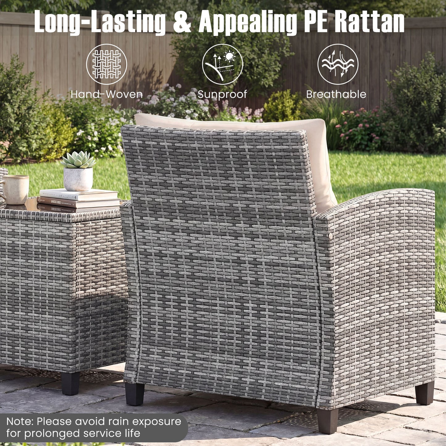 Costway Rattan Tuinmeubelset 3-delig Balkonmeubilair met 2 Stoelen en Tafel met Veiligheidsglas Tafelblad Wit
