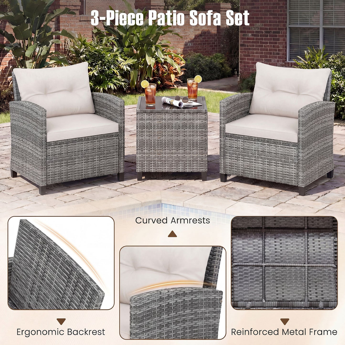 Costway Rattan Tuinmeubelset 3-delig Balkonmeubilair met 2 Stoelen en Tafel met Veiligheidsglas Tafelblad Wit