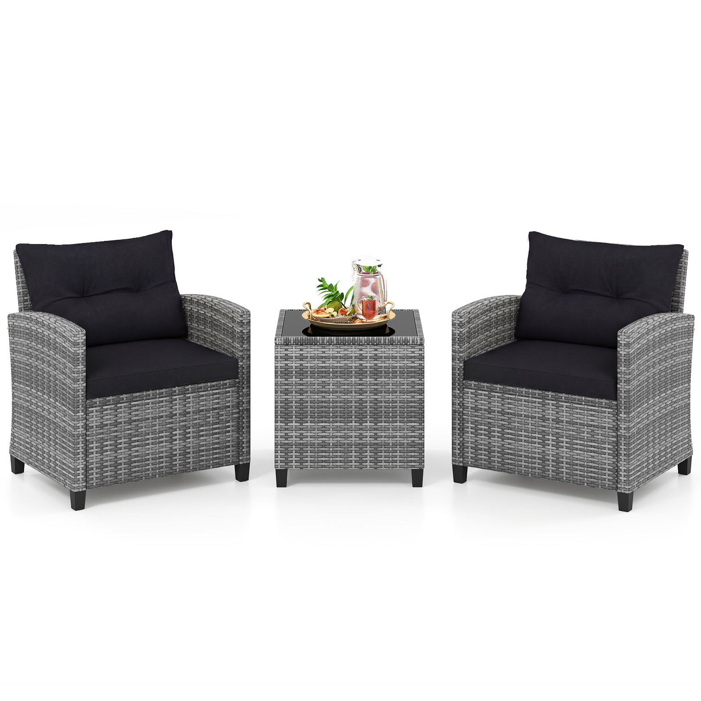 Costway Rattan Tuinmeubelset 3-delig Balkonmeubilair met 2 Stoelen en Tafel met Veiligheidsglas Tafelblad Zwart