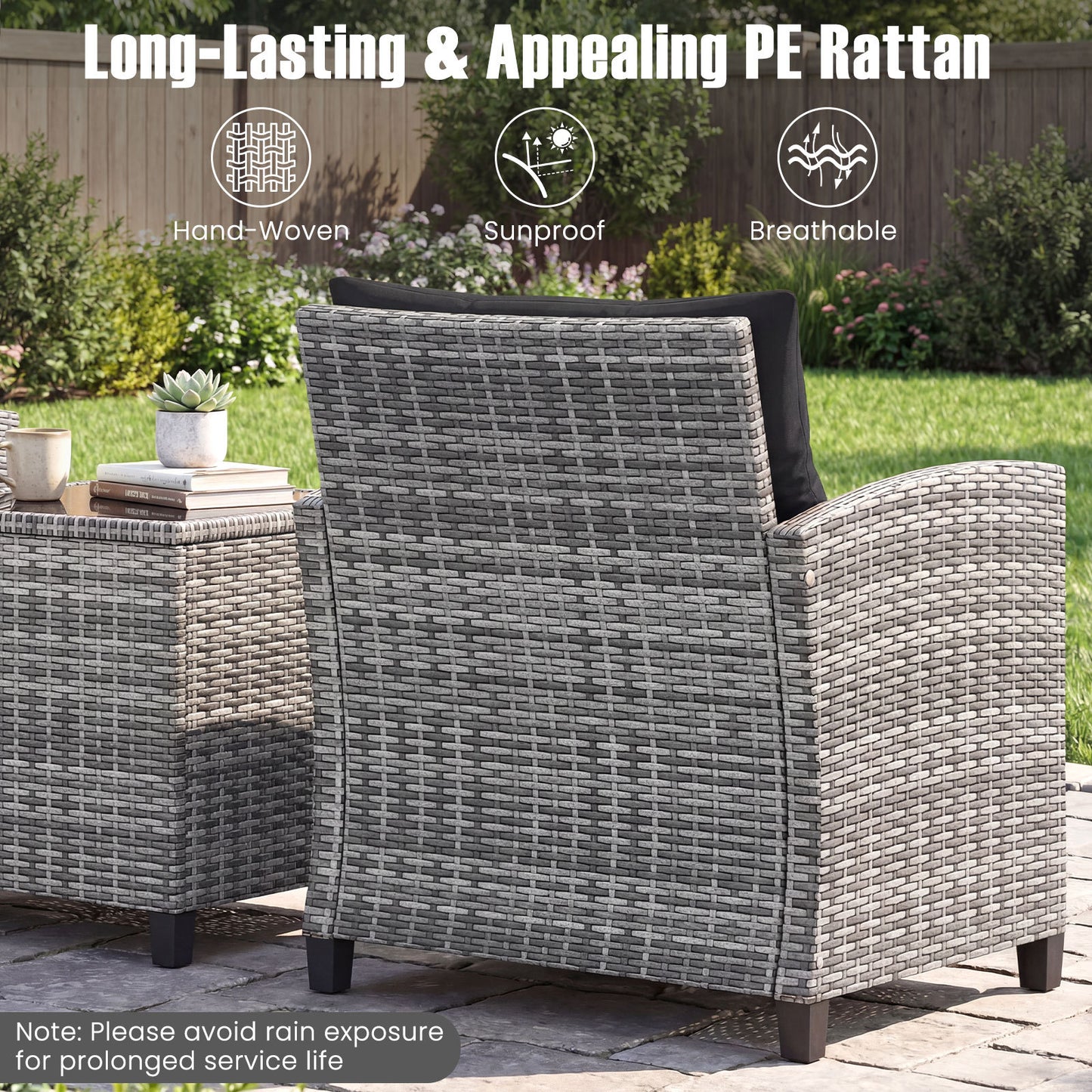 Costway Rattan Tuinmeubelset 3-delig Balkonmeubilair met 2 Stoelen en Tafel met Veiligheidsglas Tafelblad Zwart