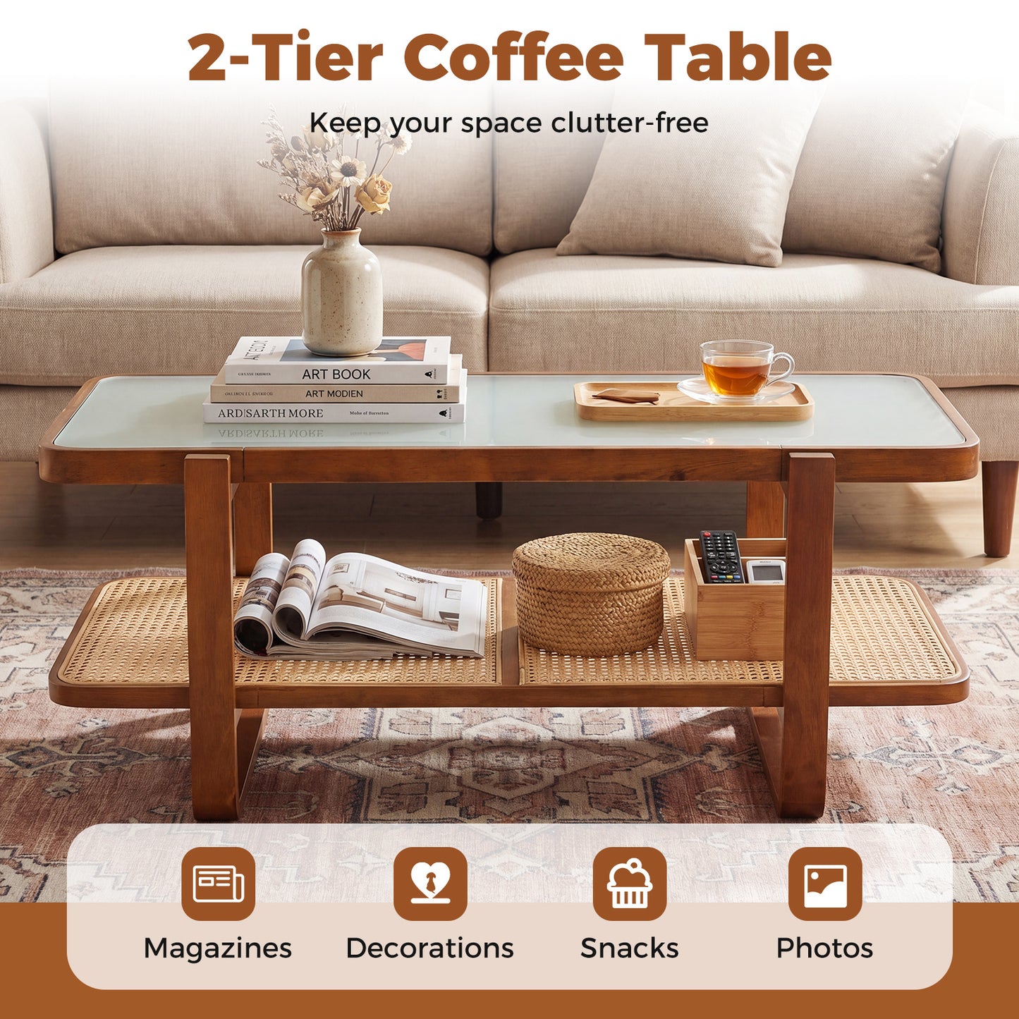 Costway Rechthoekige Salontafel Woonkamer Tafel Bijzettafel Theetafel Koffietafel voor Woonkamer Kantoor 105 x 50,5 x 45 cm Walnoot