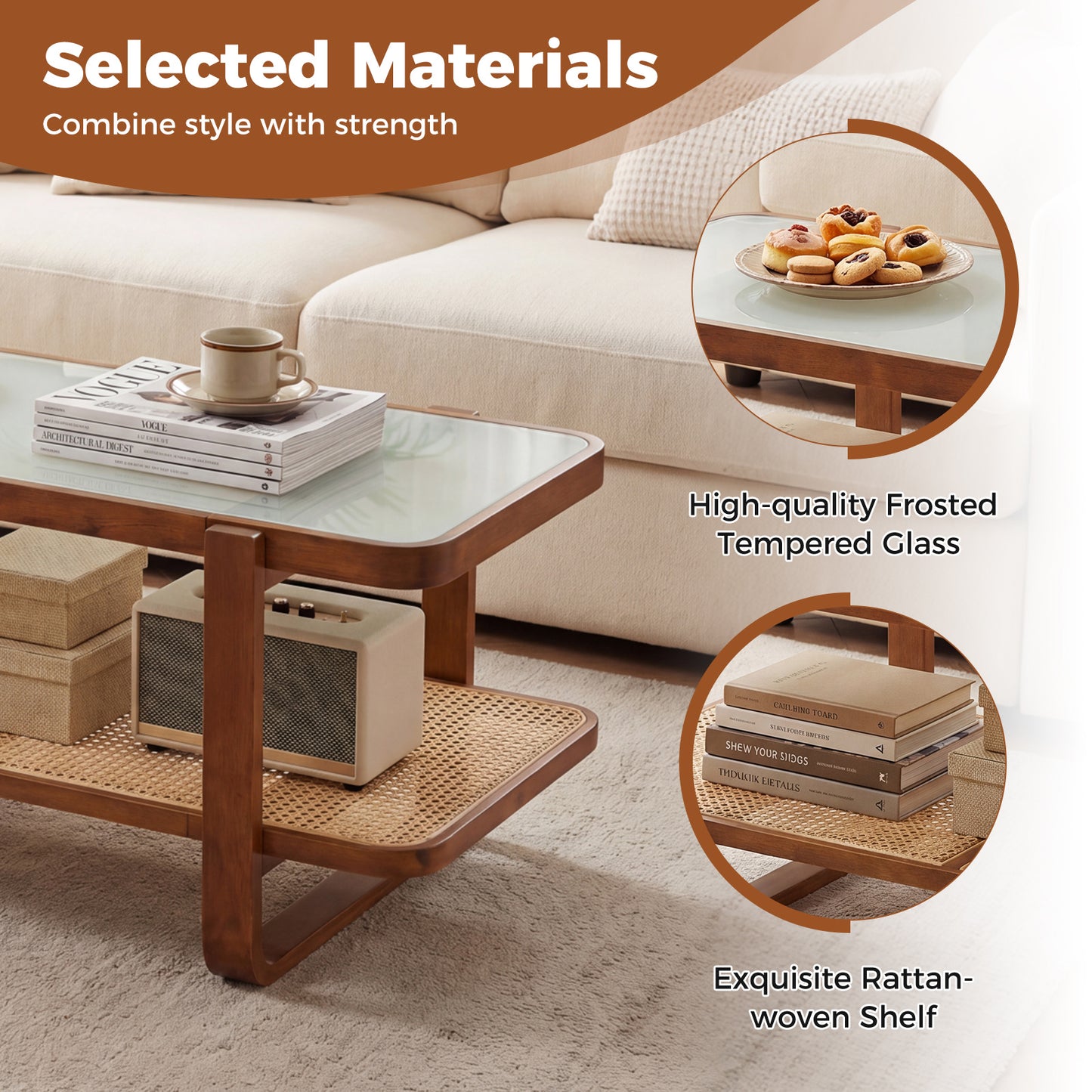 Costway Rechthoekige Salontafel Woonkamer Tafel Bijzettafel Theetafel Koffietafel voor Woonkamer Kantoor 105 x 50,5 x 45 cm Walnoot