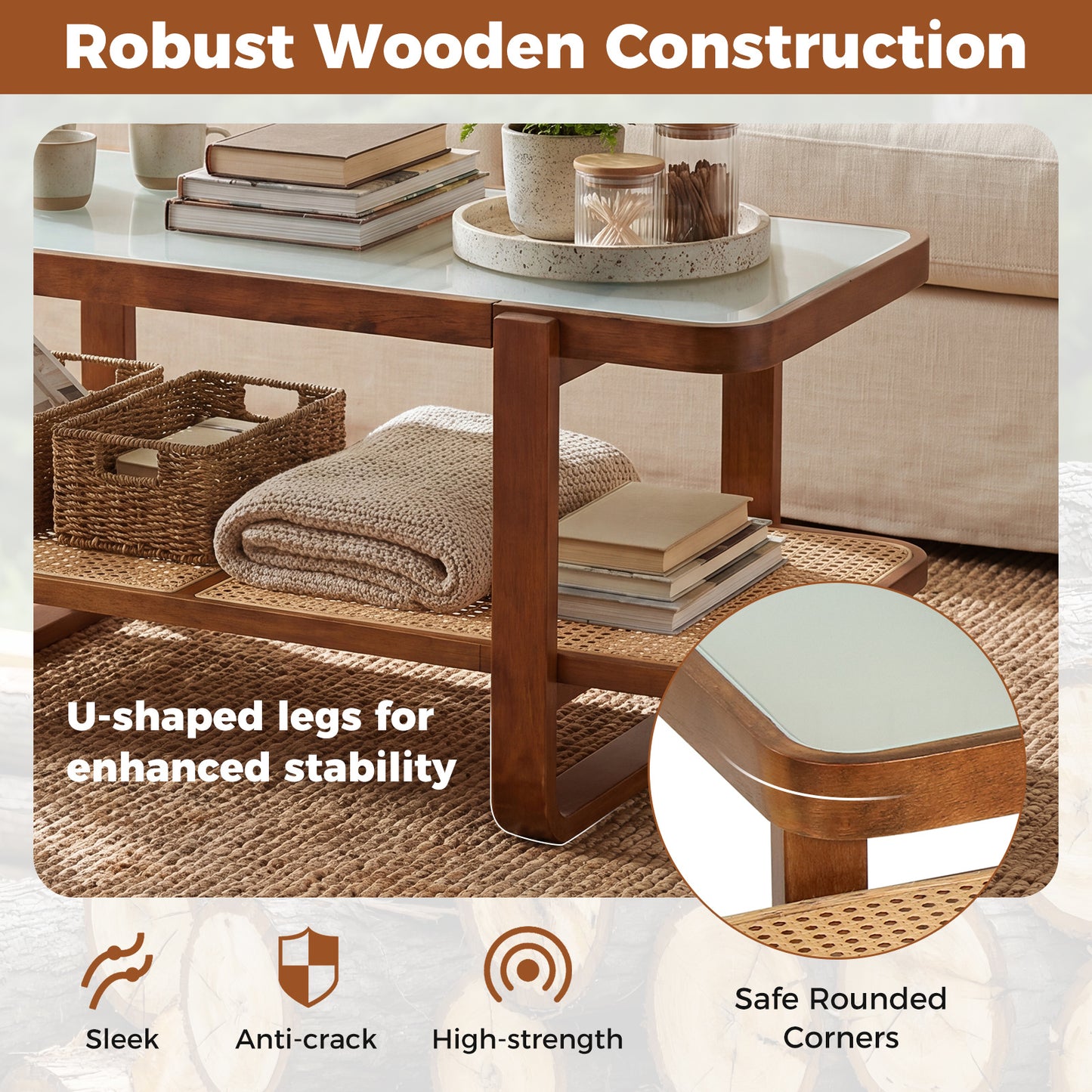 Costway Rechthoekige Salontafel Woonkamer Tafel Bijzettafel Theetafel Koffietafel voor Woonkamer Kantoor 105 x 50,5 x 45 cm Walnoot