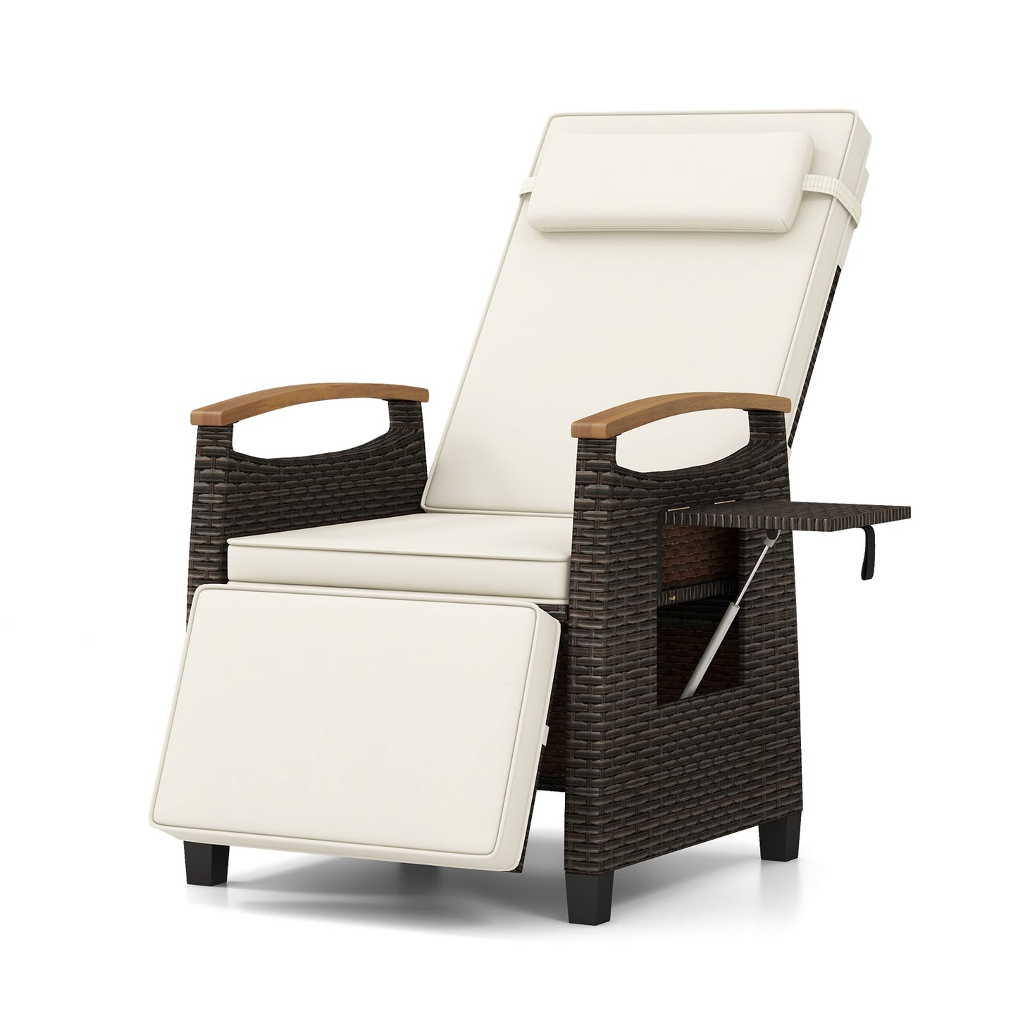 Costway Relaxstoel van Rattan met Zachte Kussens Verstelbare Rugleuning en Voetensteun Wit