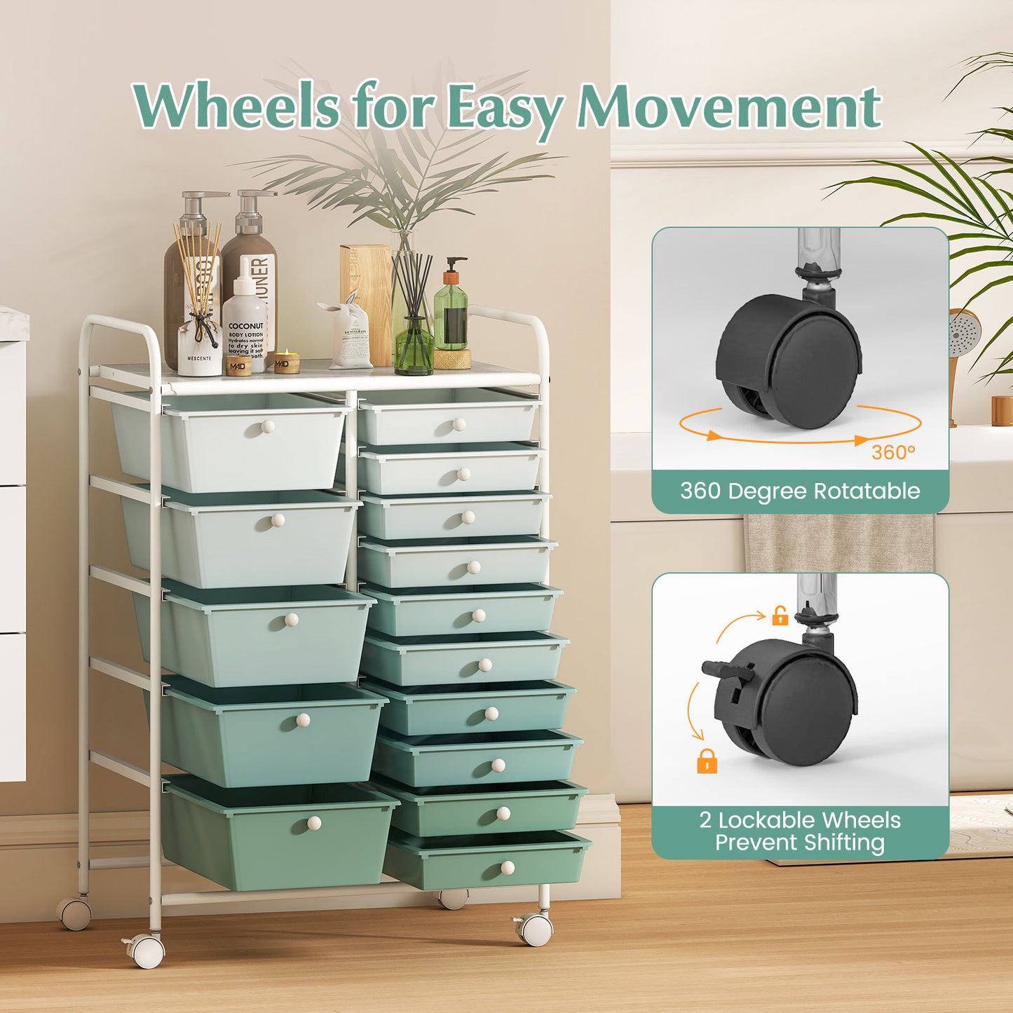 Costway Rolbare Opslagtrolley met 15 Lades Multifunctionele Trolley met Uitneembare Lades en Vergrendelbare Wielen Groen