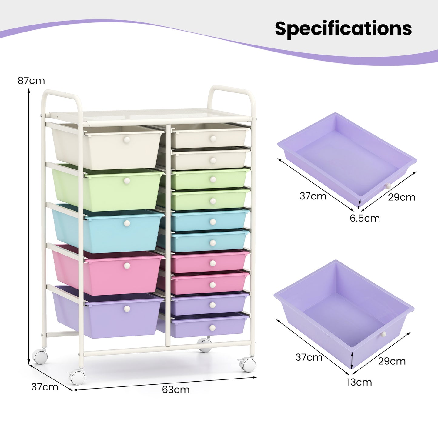 Costway Rolbare Opslagtrolley met 15 Lades Multifunctionele Trolley met Uitneembare Lades en Vergrendelbare Wielen Multicolor