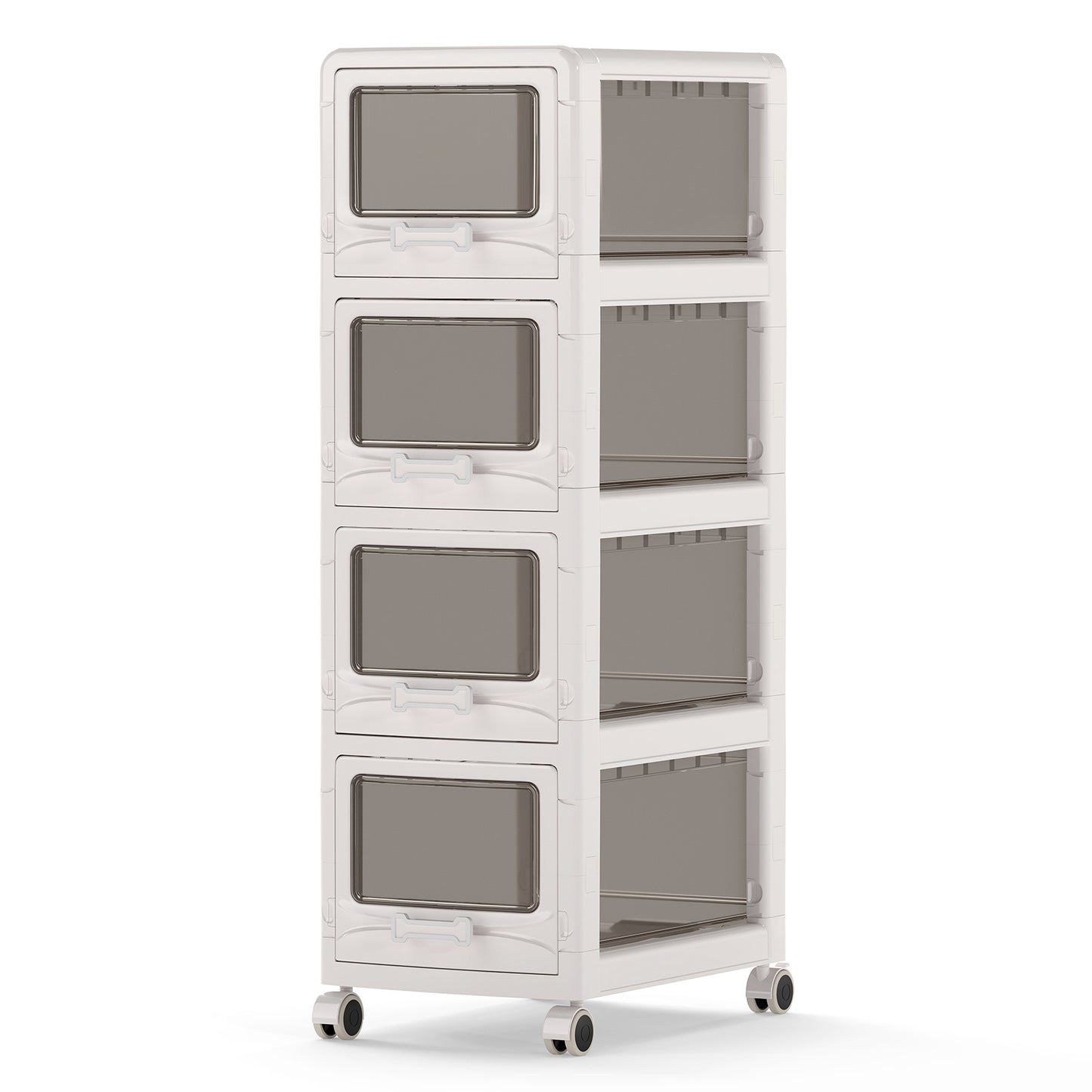 Costway Rolcontainer met 4 Lades Kunststof Opbergwagen met PU-wieltjes en Transparante Fronten 42 x 28 x 91,5 cm Wit