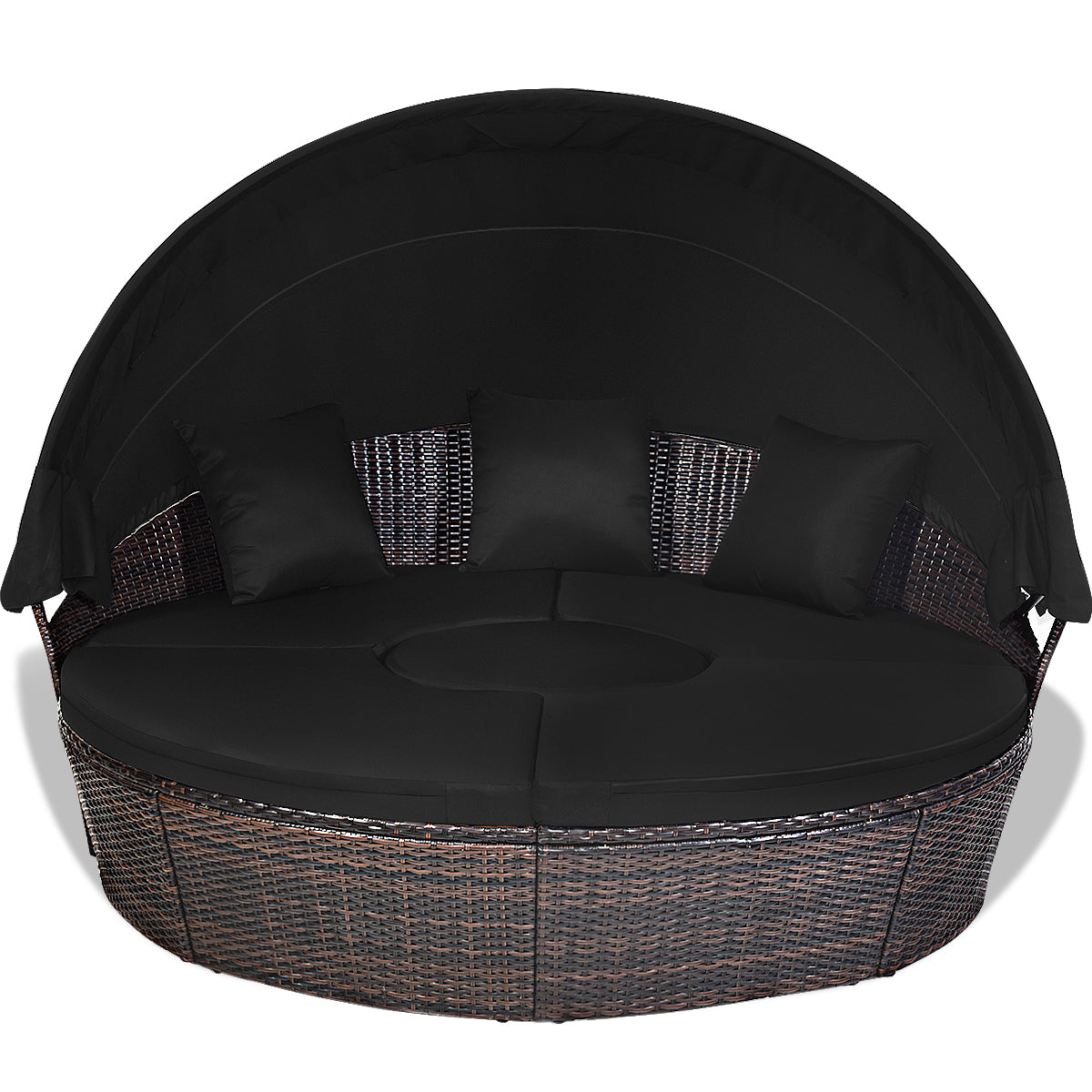Costway Rond Rotan Tuinbed met Oprolbare Luifel Aparte Zitplaatsen Modulair Bankstel
