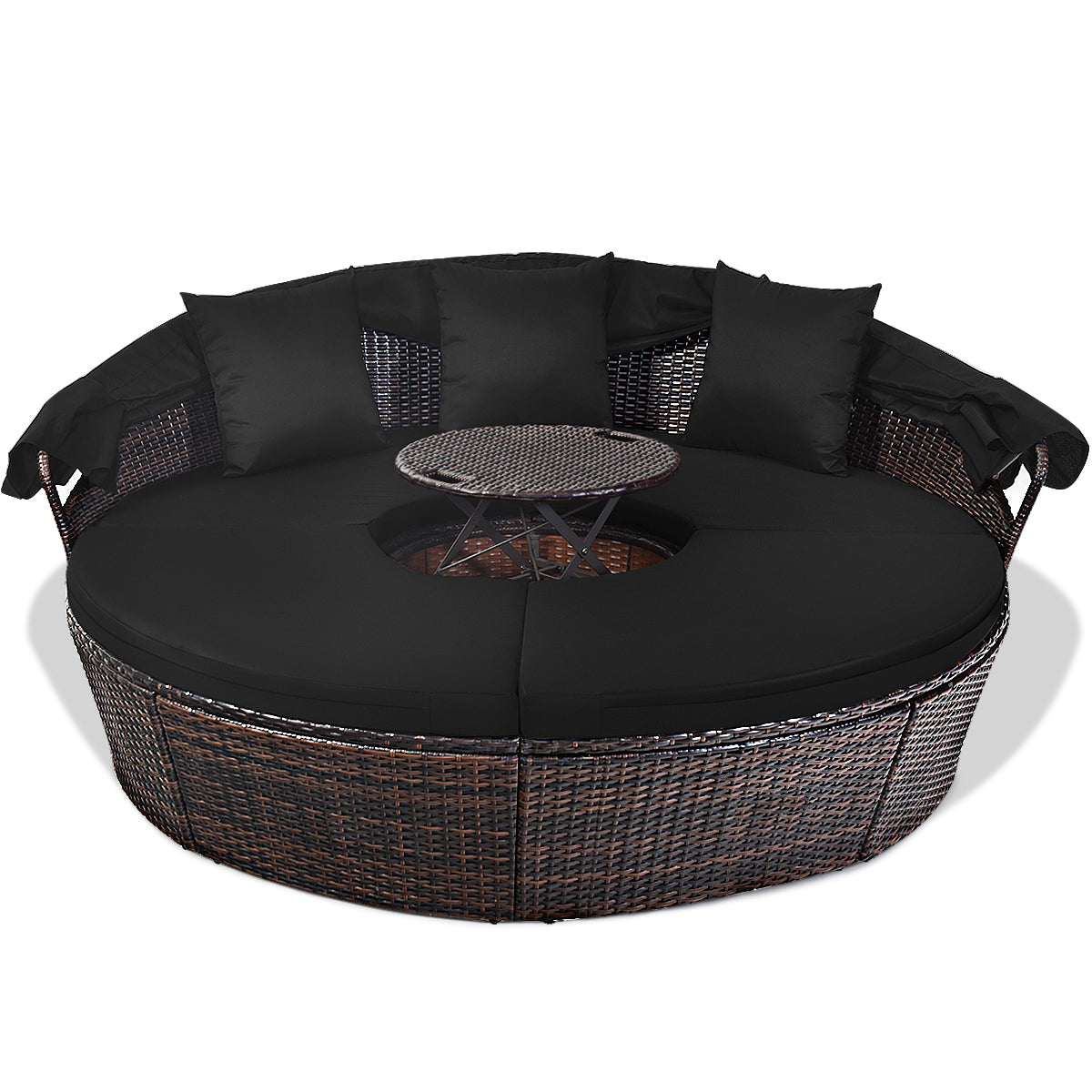 Costway Rond Rotan Tuinbed met Oprolbare Luifel Aparte Zitplaatsen Modulair Bankstel