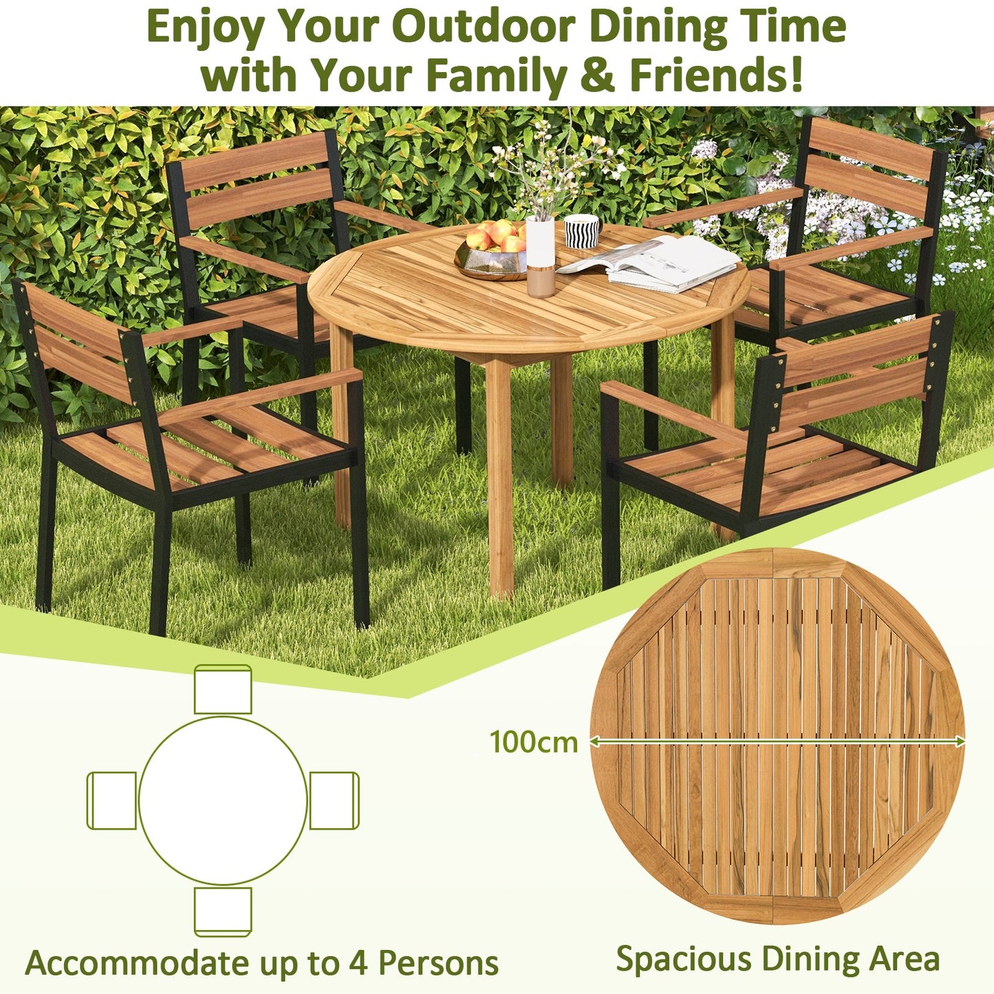 Costway Ronde Eettafel voor Buiten Eettafel van Acaciahout Grote Eettafel voor 4 Personen Bistrotafel in Boerderijpatio voor Tuin Terras Natuur
