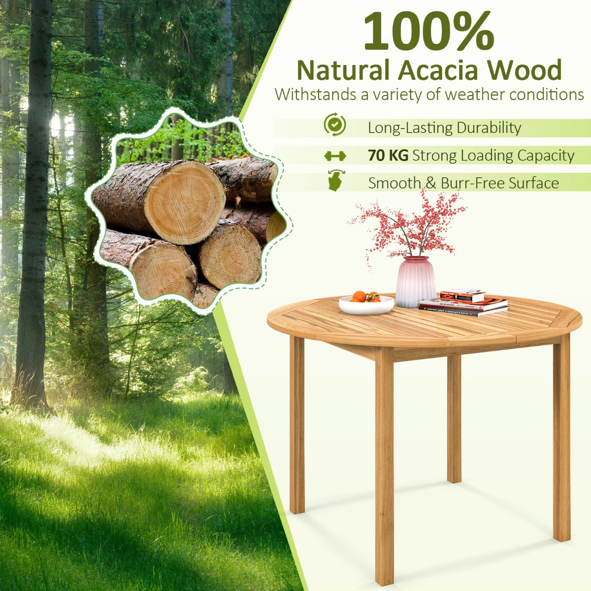 Costway Ronde Eettafel voor Buiten Eettafel van Acaciahout Grote Eettafel voor 4 Personen Bistrotafel in Boerderijpatio voor Tuin Terras Natuur