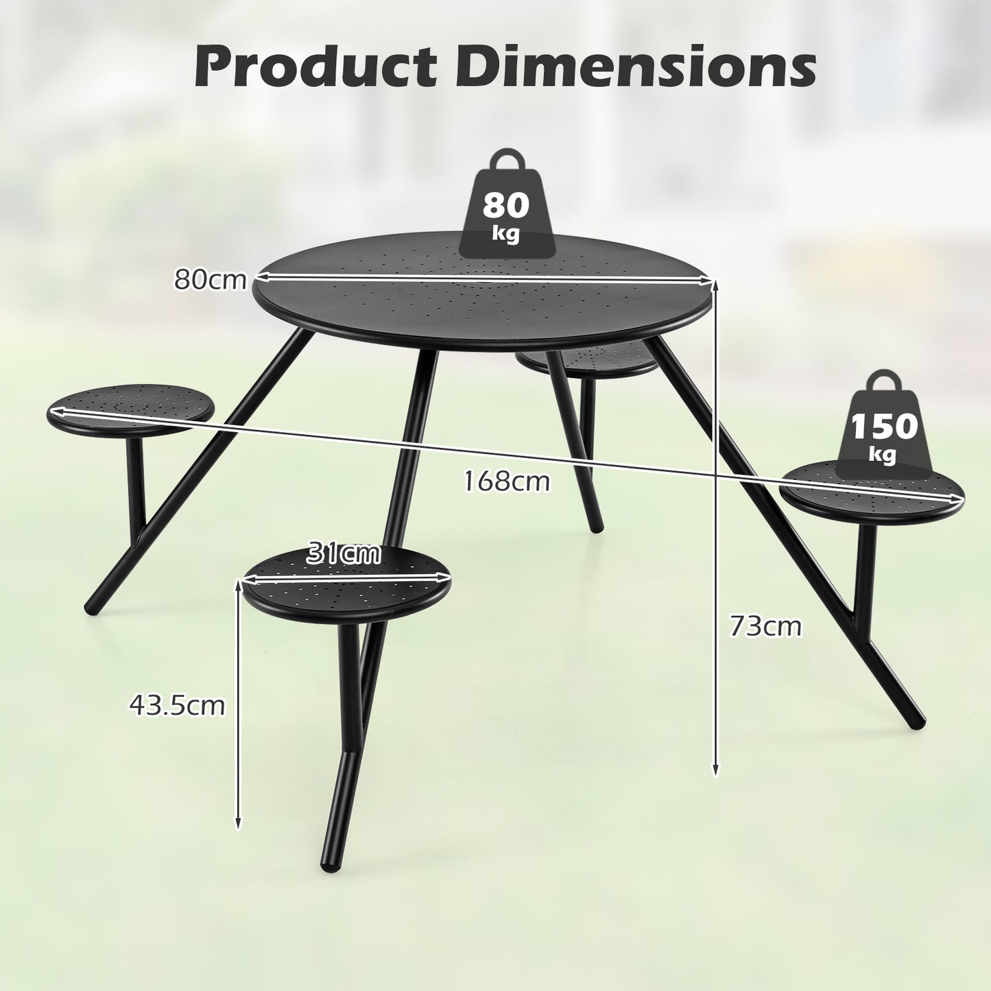 Costway Ronde Picknicktafel voor 4 Personen Tuinset met 4 Ingebouwde Stoelen Zwart