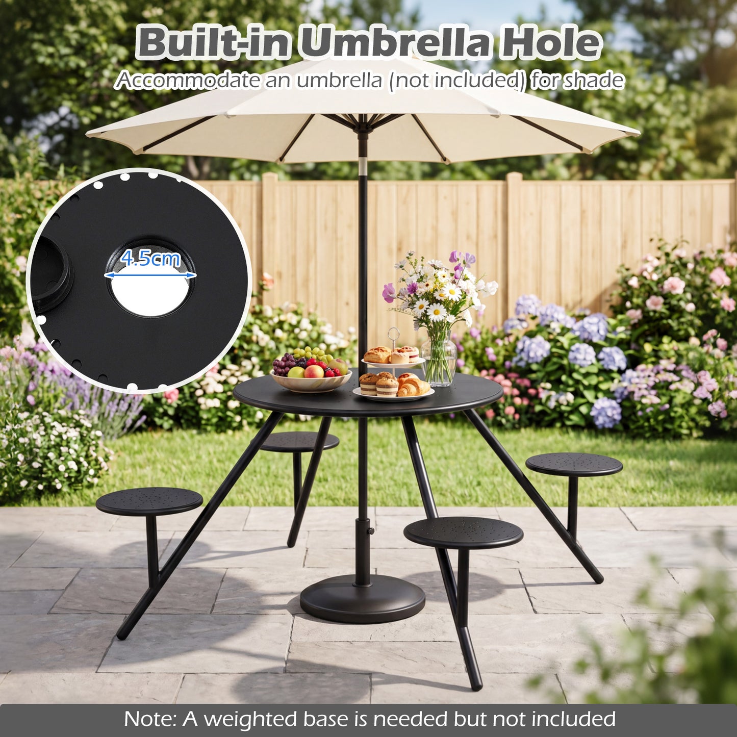 Costway Ronde Picknicktafel voor 4 Personen Tuinset met 4 Ingebouwde Stoelen Zwart
