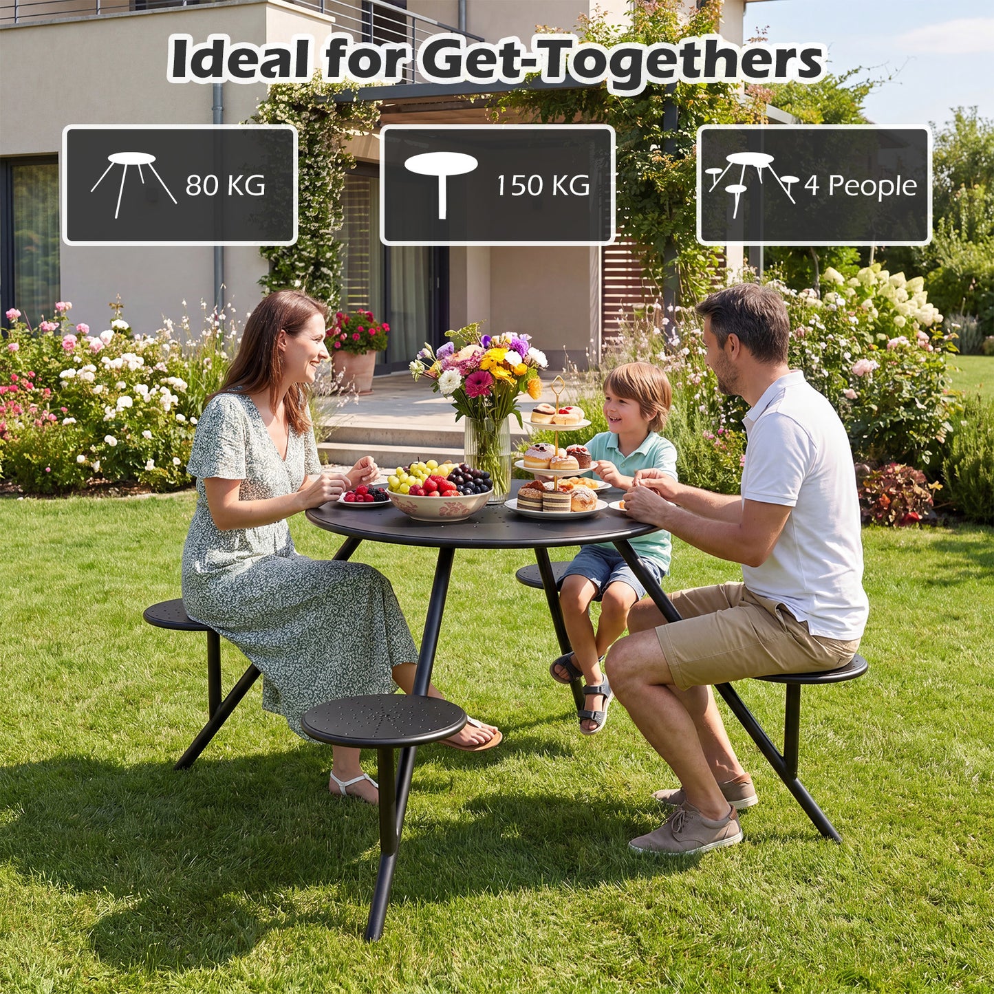 Costway Ronde Picknicktafel voor 4 Personen Tuinset met 4 Ingebouwde Stoelen Zwart