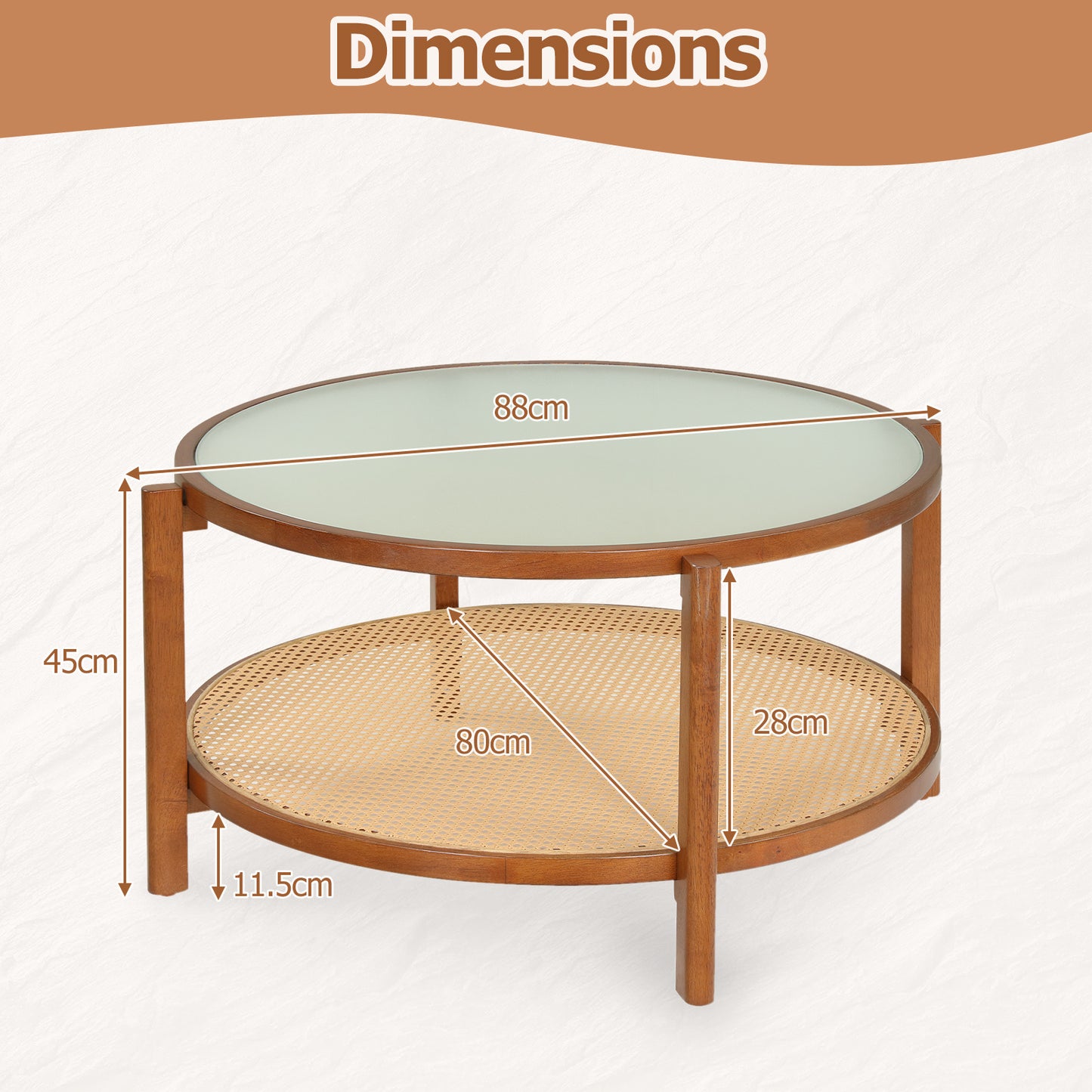 Costway Ronde Salontafel 2-niveaus Woonkamertafel Hout met Glazen Blad Rattan 80 x 45 cm Walnoot