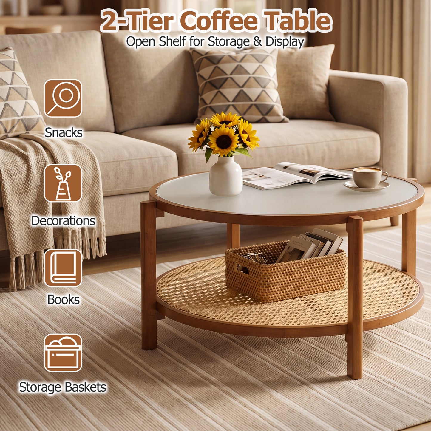 Costway Ronde Salontafel 2-niveaus Woonkamertafel Hout met Glazen Blad Rattan 80 x 45 cm Walnoot