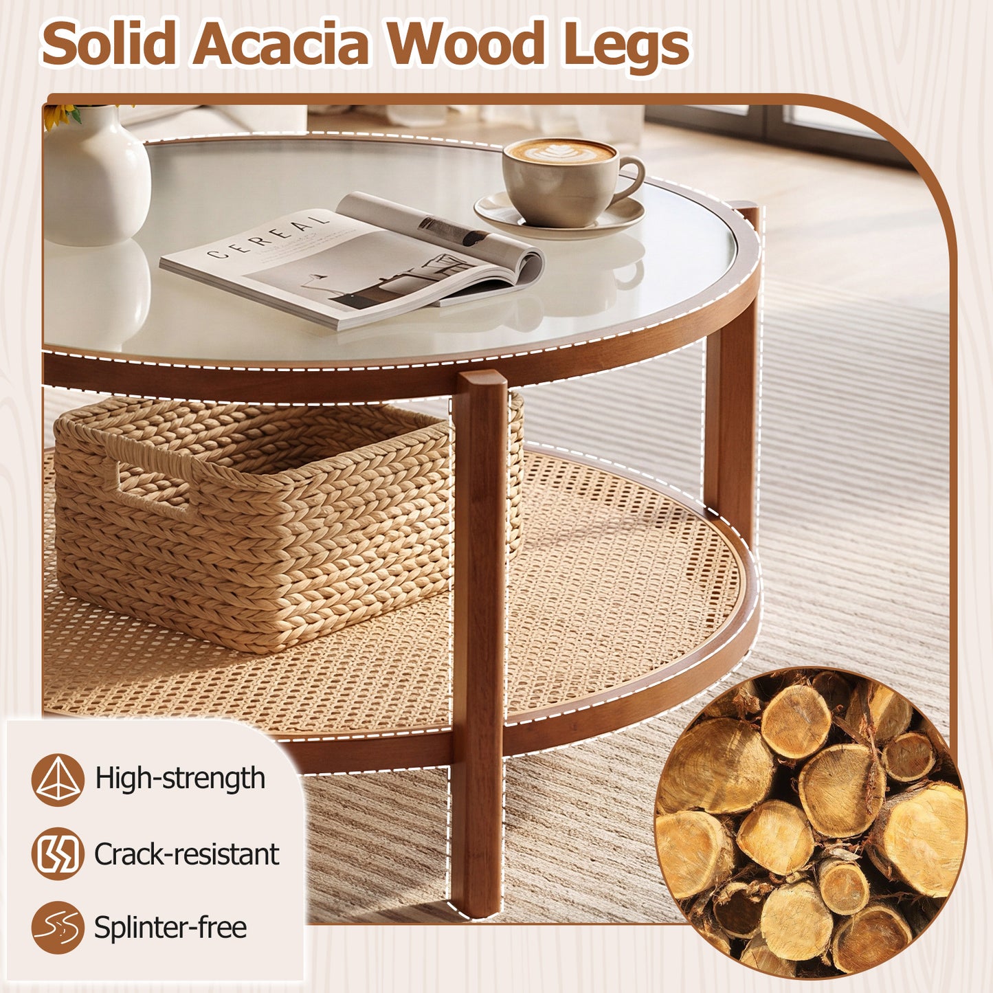 Costway Ronde Salontafel 2-niveaus Woonkamertafel Hout met Glazen Blad Rattan 80 x 45 cm Walnoot