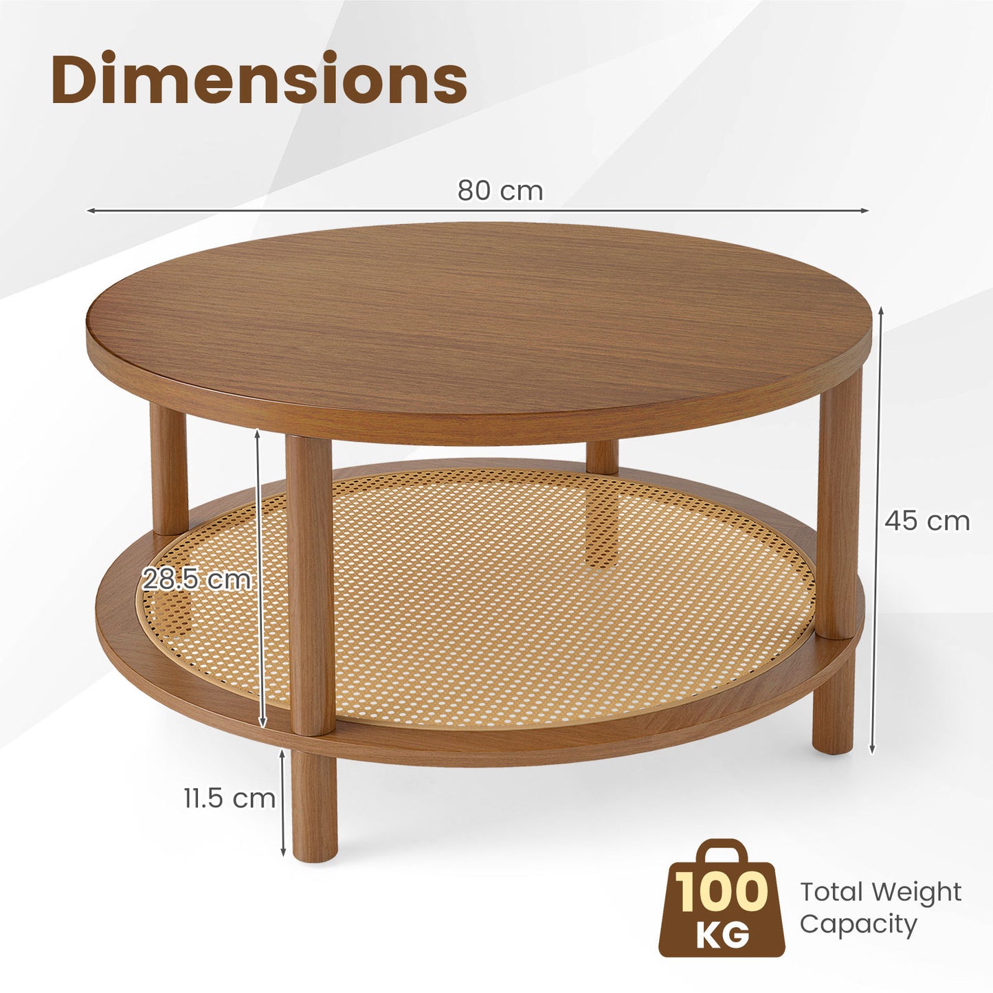 Costway Ronde Salontafel Ø80 cm Woonkamer Tafel Hout met Glazen Blad & PE-rattan Opbergruimte Koffie Tafel Bijzettafel Walnoot