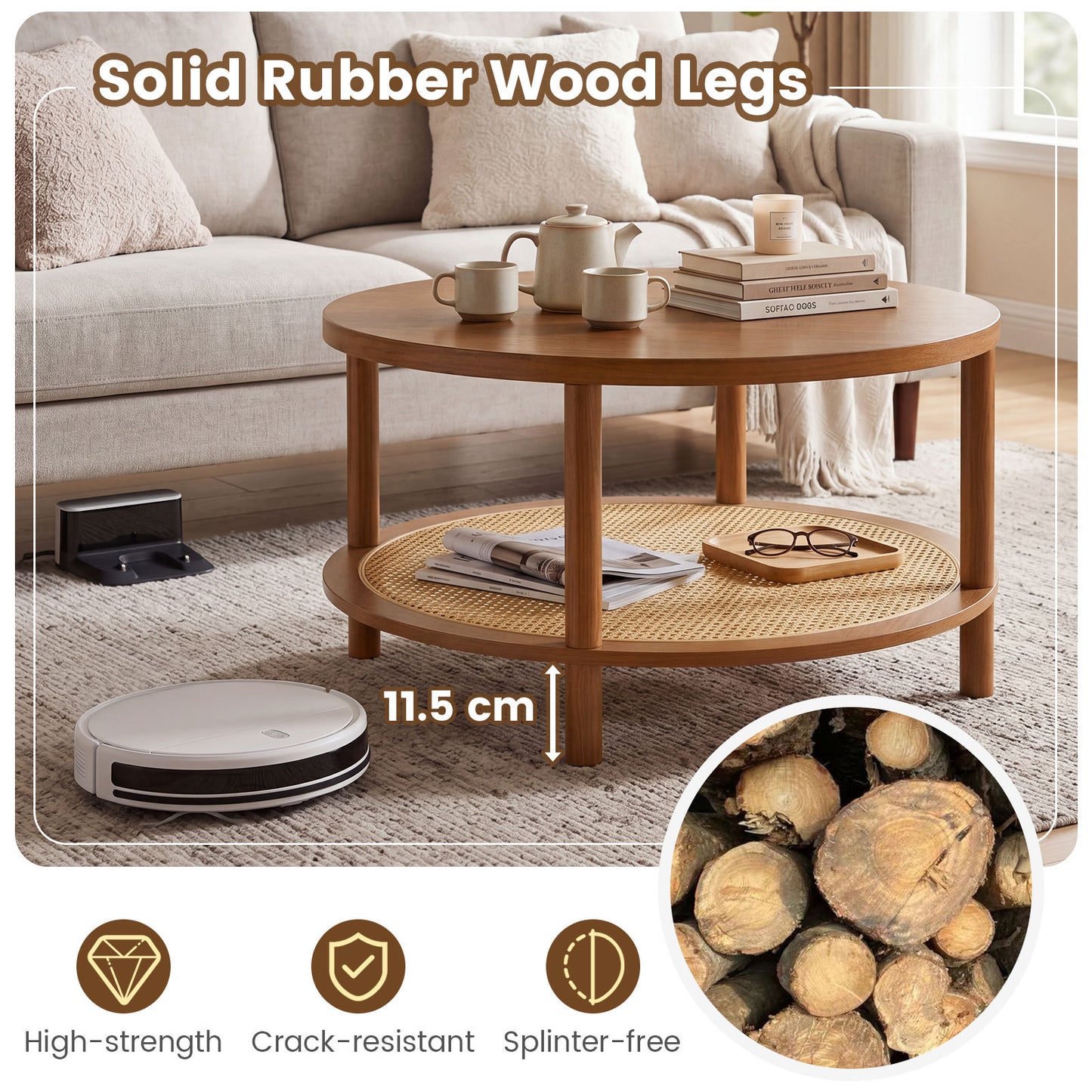 Costway Ronde Salontafel Ø80 cm Woonkamer Tafel Hout met Glazen Blad & PE-rattan Opbergruimte Koffie Tafel Bijzettafel Walnoot