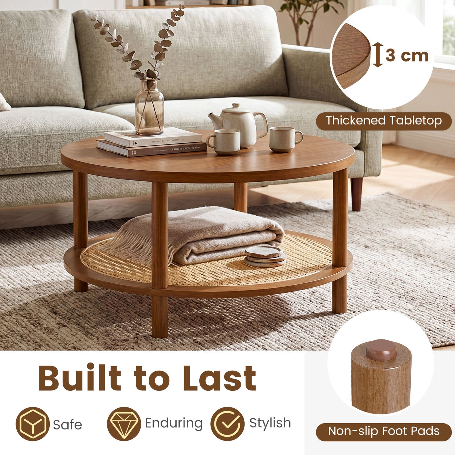 Costway Ronde Salontafel Ø80 cm Woonkamer Tafel Hout met Glazen Blad & PE-rattan Opbergruimte Koffie Tafel Bijzettafel Walnoot
