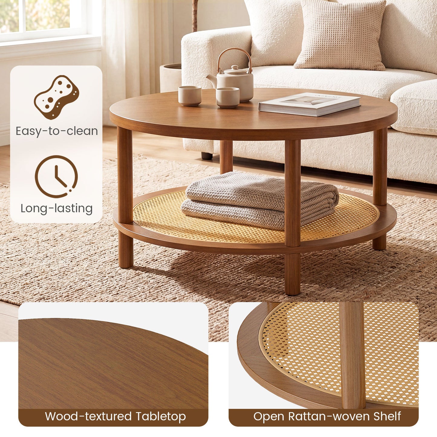 Costway Ronde Salontafel Ø80 cm Woonkamer Tafel Hout met Glazen Blad & PE-rattan Opbergruimte Koffie Tafel Bijzettafel Walnoot