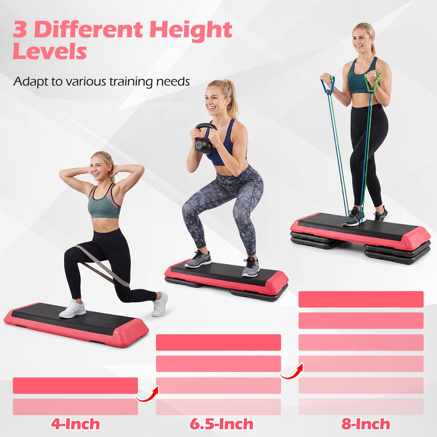 Costway Rood Aerobic Stepper Hoogteverstelbaar Fitness Stepper met 4 Steunblokken Antislip Gestructureerd Oppervlak Stepboard van PE