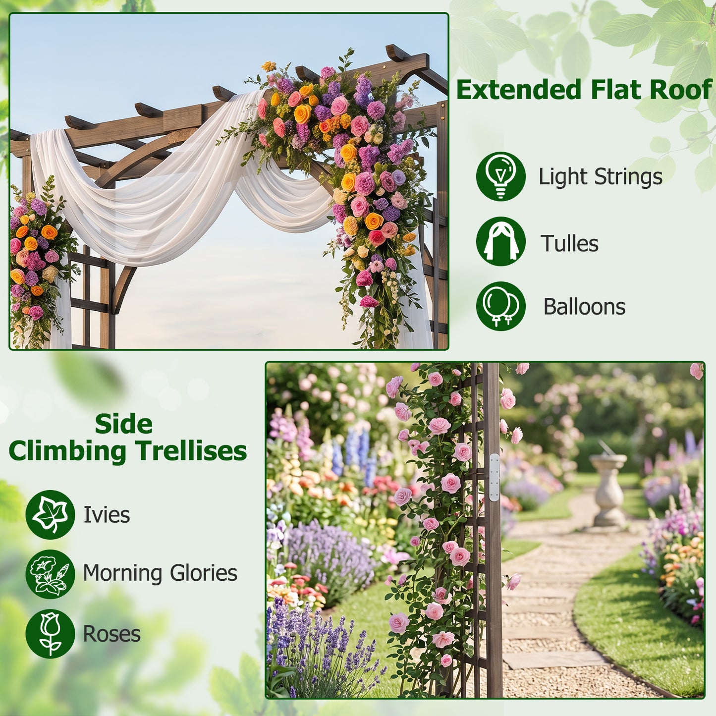 Costway Rosenboog Houten Tuinboog van Fijnhout Klimboog met Dak & Klimrekken Decoratieve Poortboog Donkerbruin