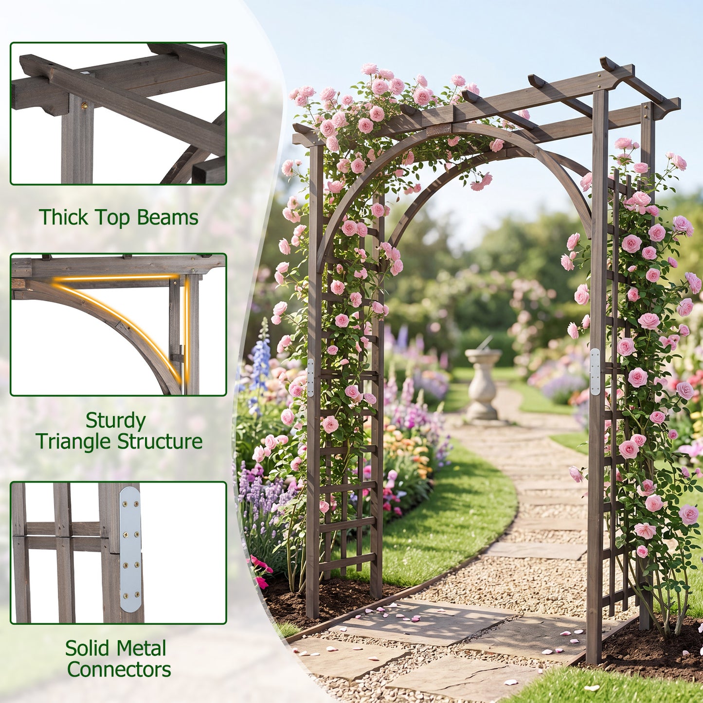 Costway Rosenboog Houten Tuinboog van Fijnhout Klimboog met Dak & Klimrekken Decoratieve Poortboog Donkerbruin