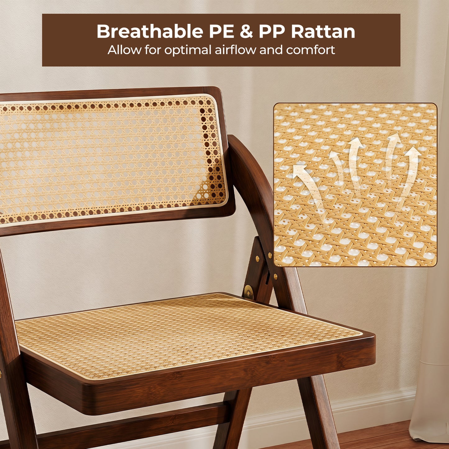 Costway Rotan Klapstoelen in Een Set van 2 Eetkamerstoelen met Bamboeframe Keukenstoelen in Boho Stijl met Draaibare Rugleuning en Een Draagvermogen van 150 kg