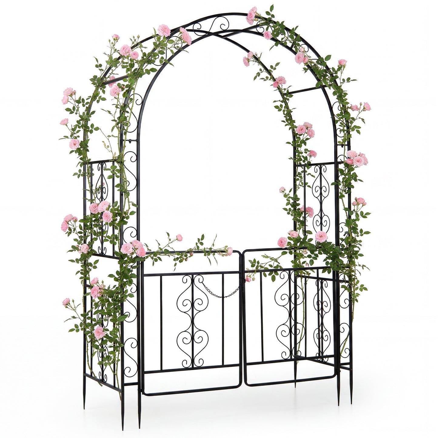 Costway Rozenboog Torbogen van Metaal met Afsluitbare Deur & Aardpinnen Rozenespalier voor Rozen & Klimplanten 135 x 60 x 213 cm Zwart