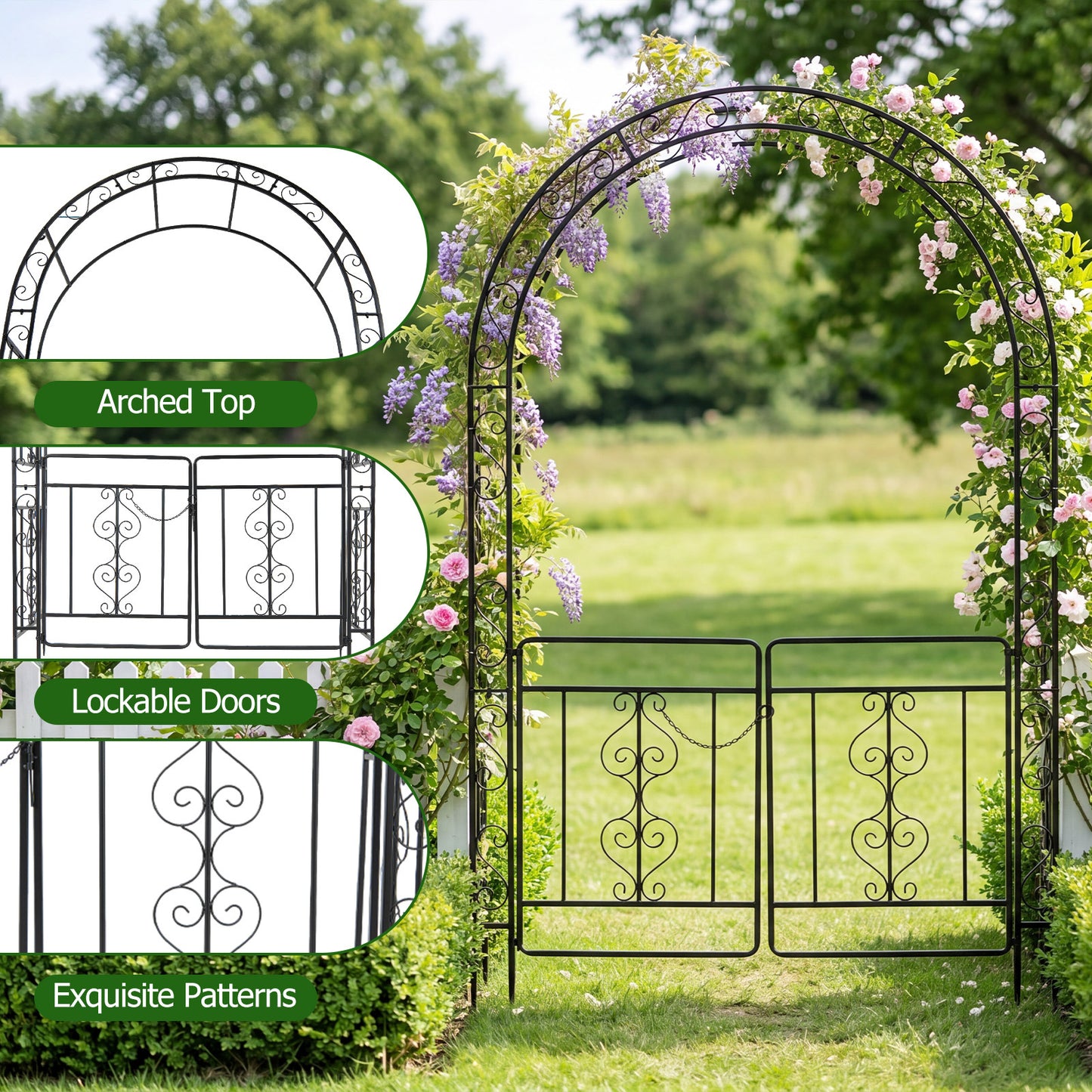 Costway Rozenboog Torbogen van Metaal met Afsluitbare Deur & Aardpinnen Rozenespalier voor Rozen & Klimplanten 135 x 60 x 213 cm Zwart