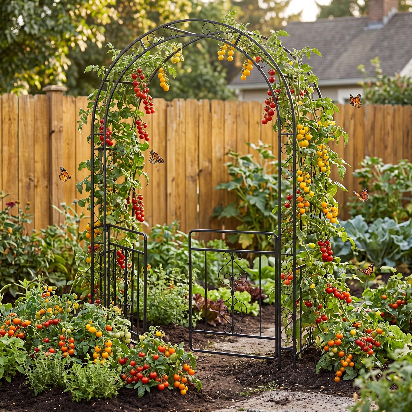 Costway Rozenboog Torbogen van Metaal met Afsluitbare Deur & Aardpinnen Rozenespalier voor Rozen & Klimplanten 135 x 60 x 213 cm Zwart