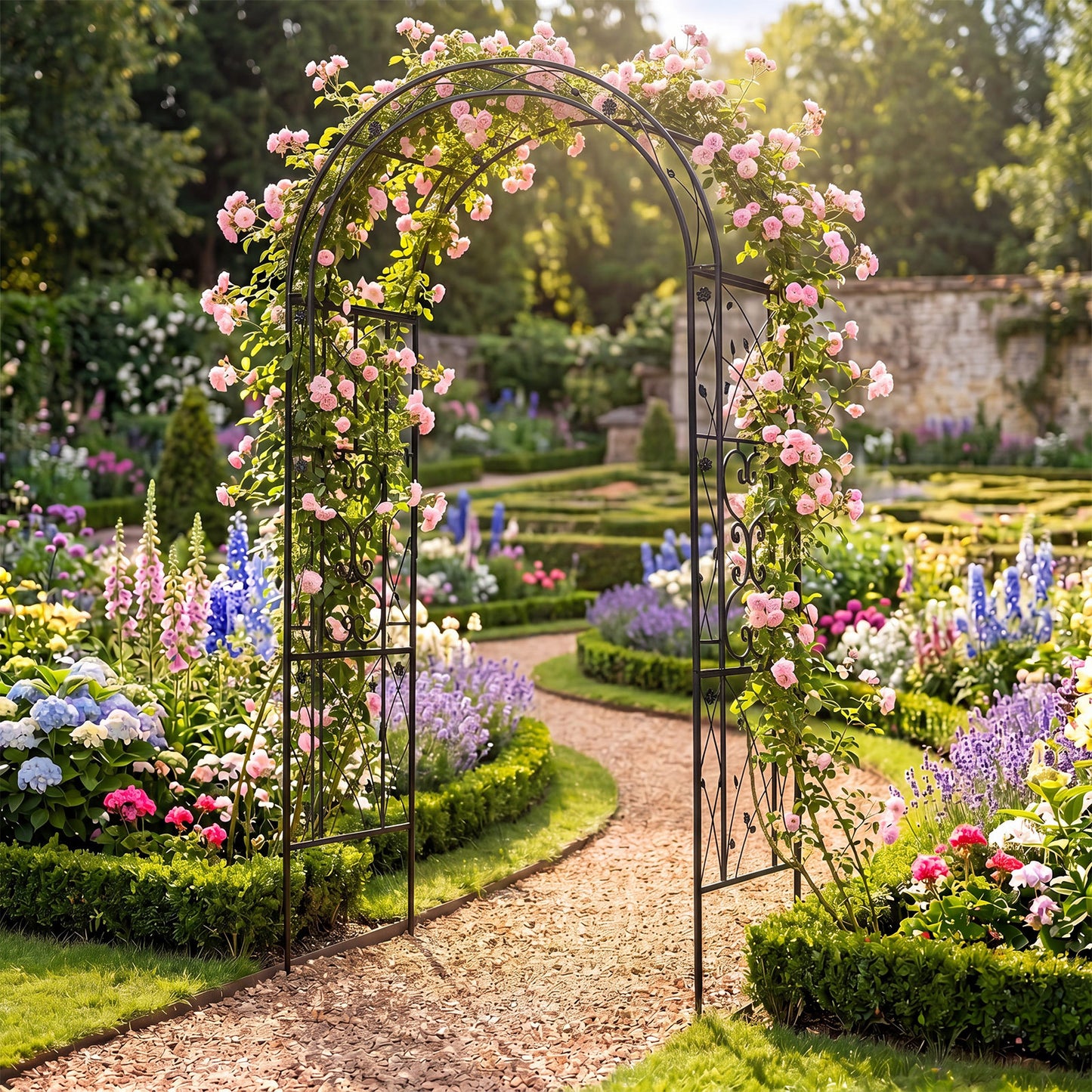 Costway Rozenboog van Poedergecoat Metaal Klimboog met Grondankers Decoratieve Poortboog voor Tuin Bruiloft en Feest 138 x 59 x 213 cm